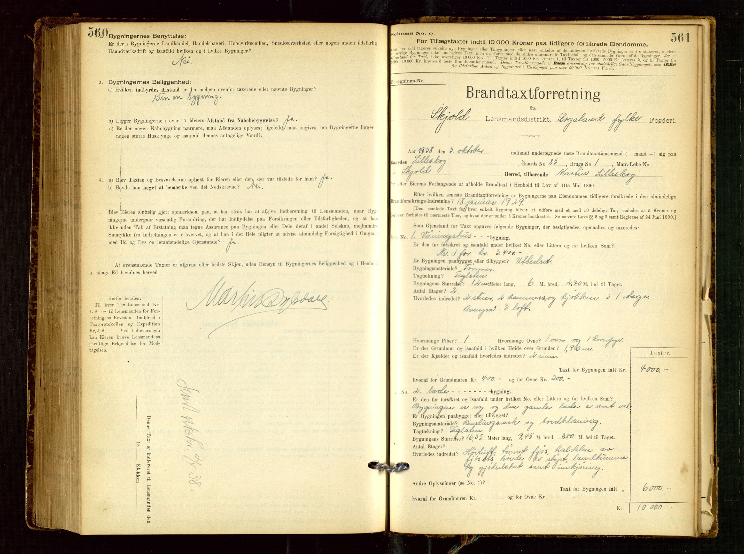 Skjold lensmannskontor, AV/SAST-A-100182/Gob/L0001: "Brandtaxationsprotokol for Skjold Lensmandsdistrikt Ryfylke Fogderi", 1894-1939, p. 560-561