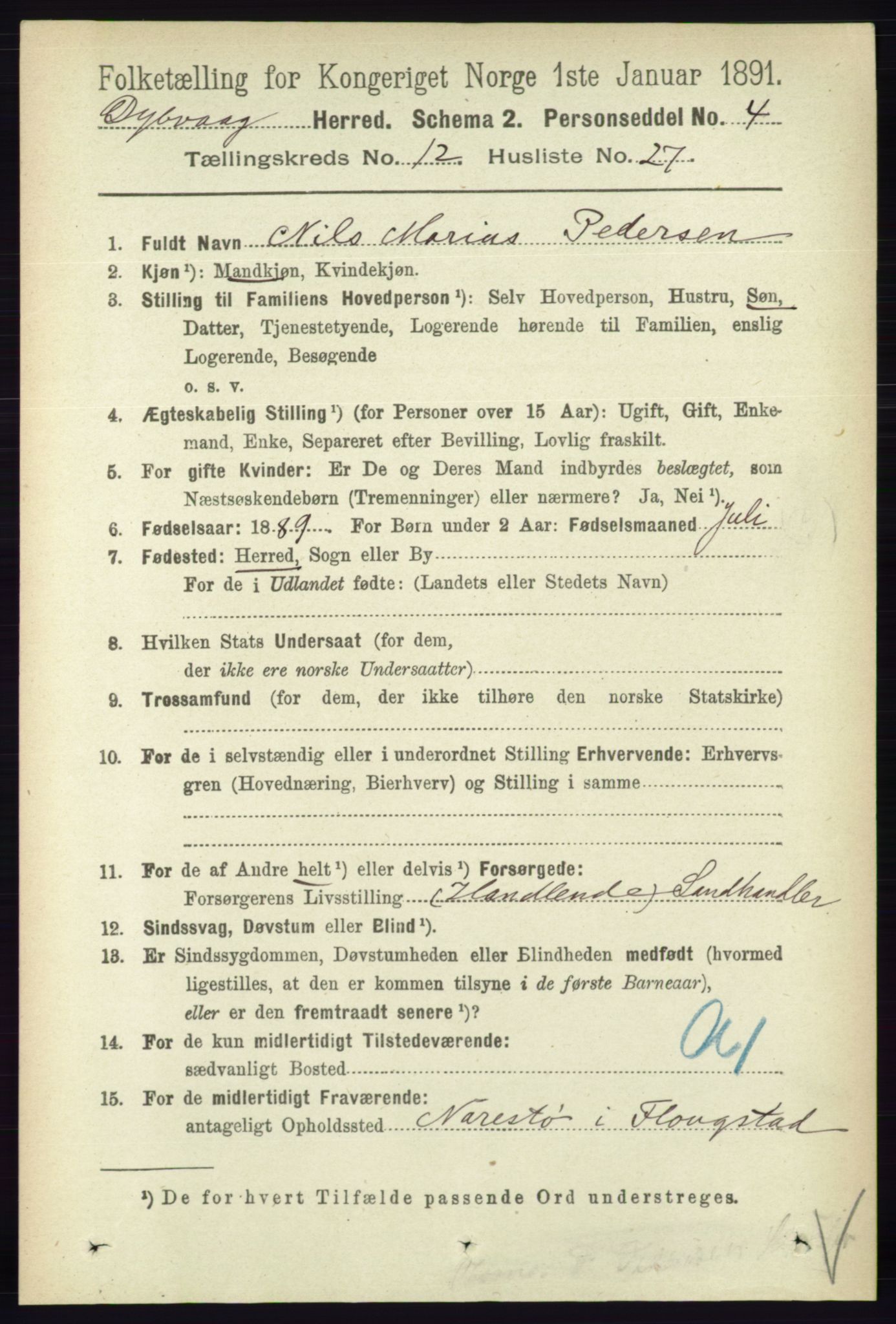 RA, 1891 census for 0915 Dypvåg, 1891, p. 4904