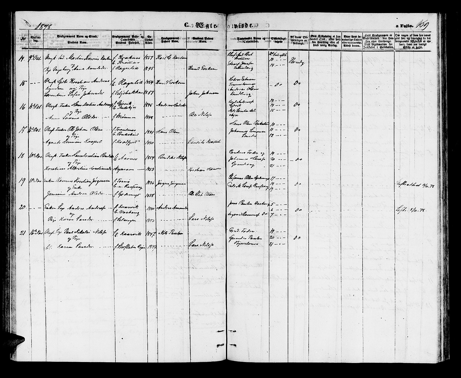 Lenvik sokneprestembete, AV/SATØ-S-1310/H/Ha/Hab/L0005klokker: Parish register (copy) no. 5, 1870-1880, p. 169