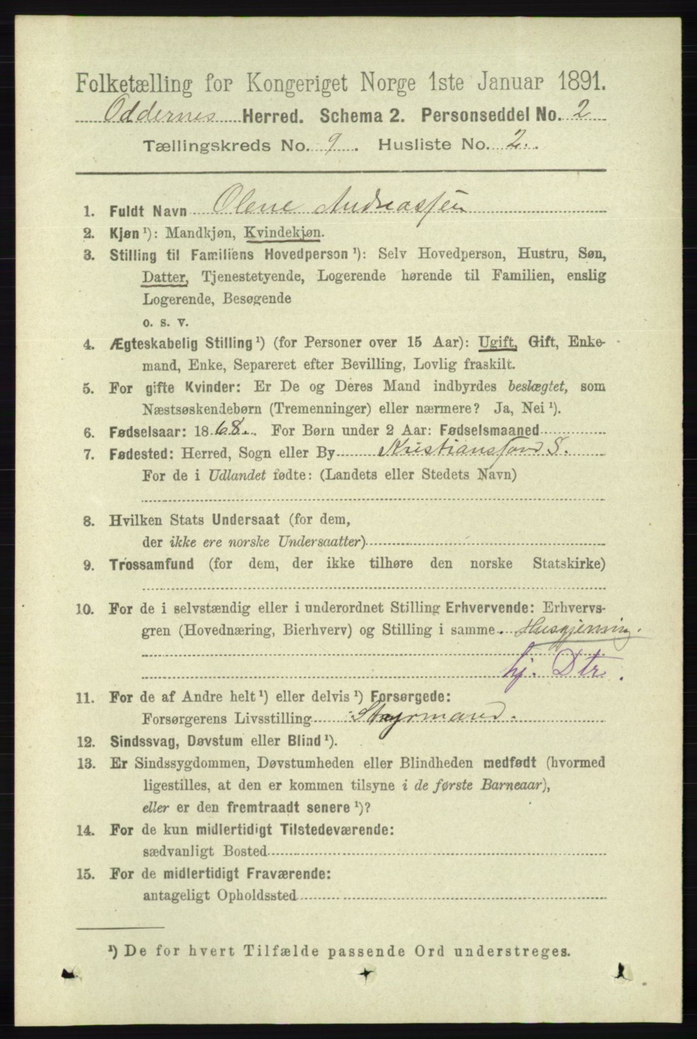 RA, 1891 census for 1012 Oddernes, 1891, p. 3269