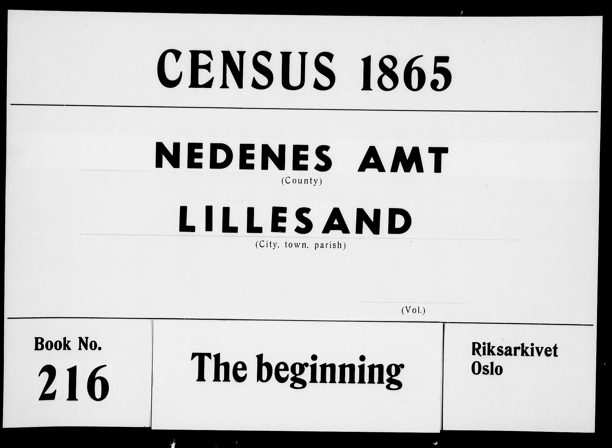 RA, 1865 census for Vestre Moland/Lillesand, 1865, p. 1