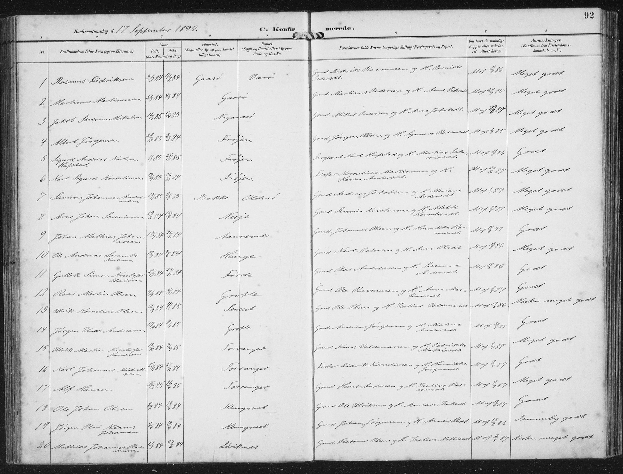 Bremanger sokneprestembete, SAB/A-82201/H/Haa/Haab/L0002: Parish register (official) no. B  2, 1896-1908, p. 92