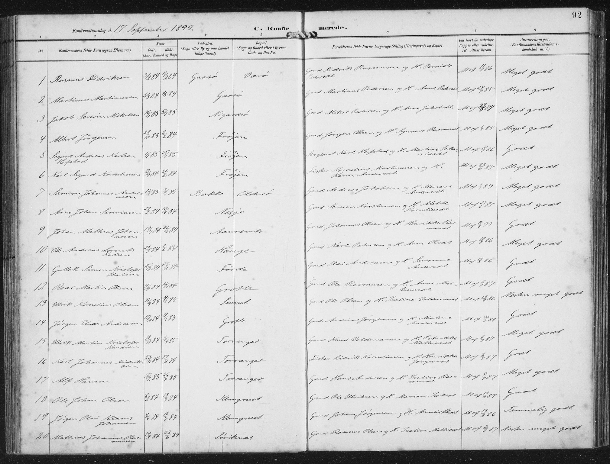 Bremanger sokneprestembete, AV/SAB-A-82201/H/Haa/Haab/L0002: Parish register (official) no. B  2, 1896-1908, p. 92