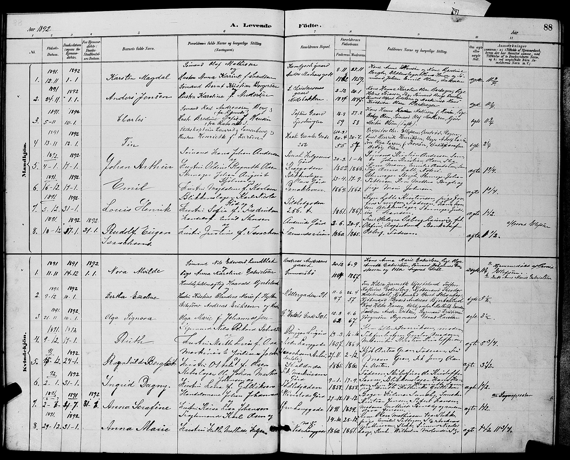 Tønsberg kirkebøker, AV/SAKO-A-330/G/Ga/L0006: Parish register (copy) no. 6, 1885-1895, p. 88