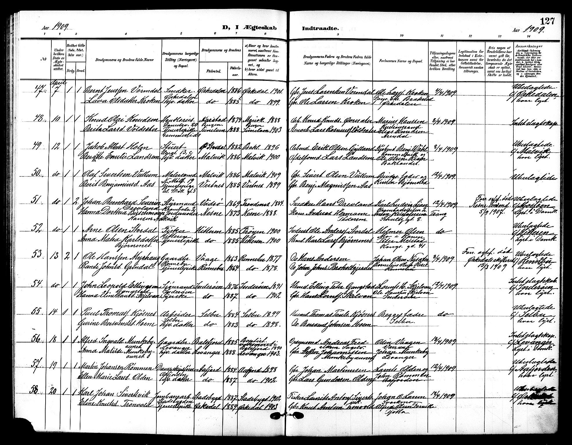 Ministerialprotokoller, klokkerbøker og fødselsregistre - Sør-Trøndelag, SAT/A-1456/601/L0095: Parish register (copy) no. 601C13, 1902-1911, p. 127