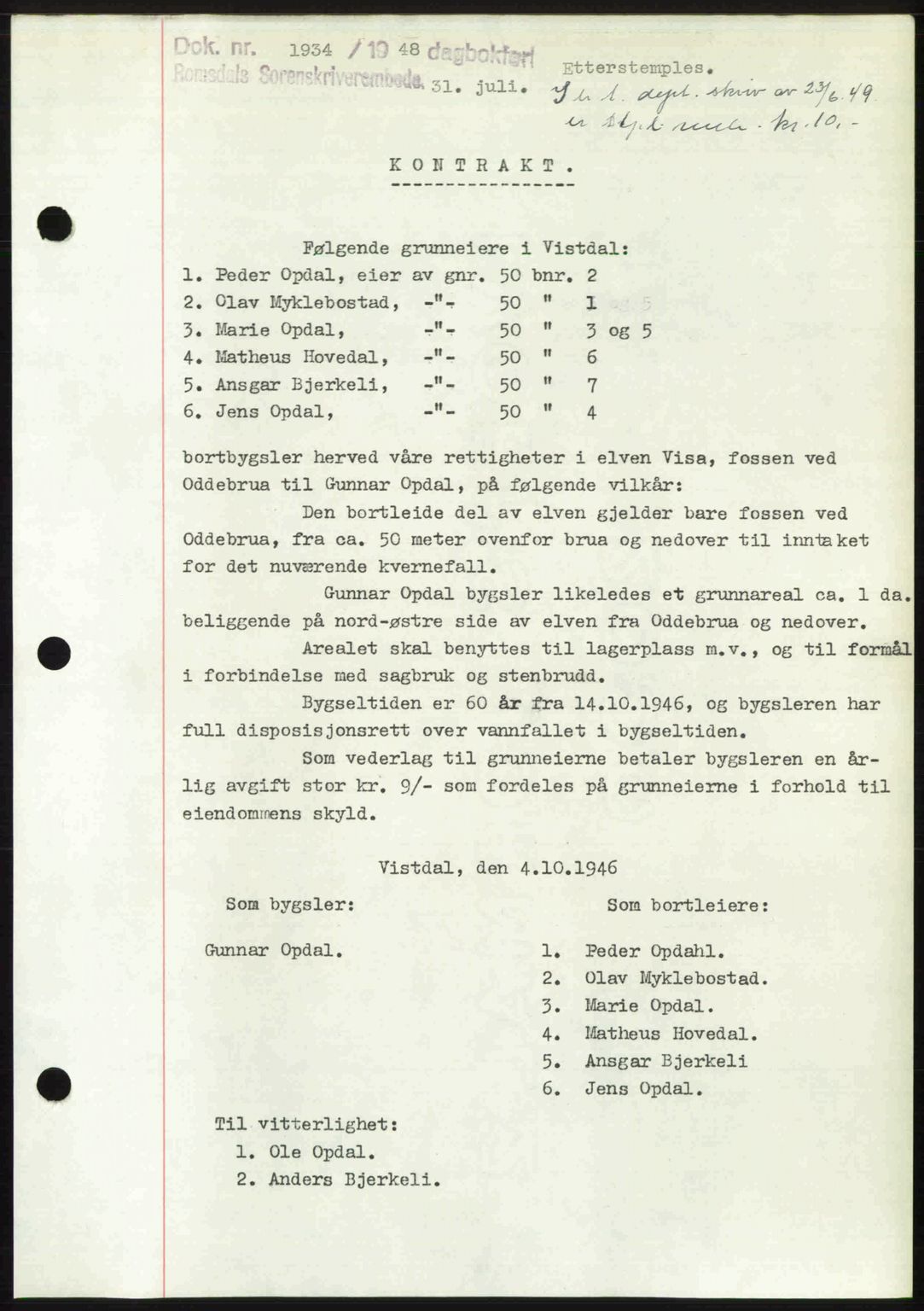 Romsdal sorenskriveri, AV/SAT-A-4149/1/2/2C: Mortgage book no. A26, 1948-1948, Diary no: : 1934/1948