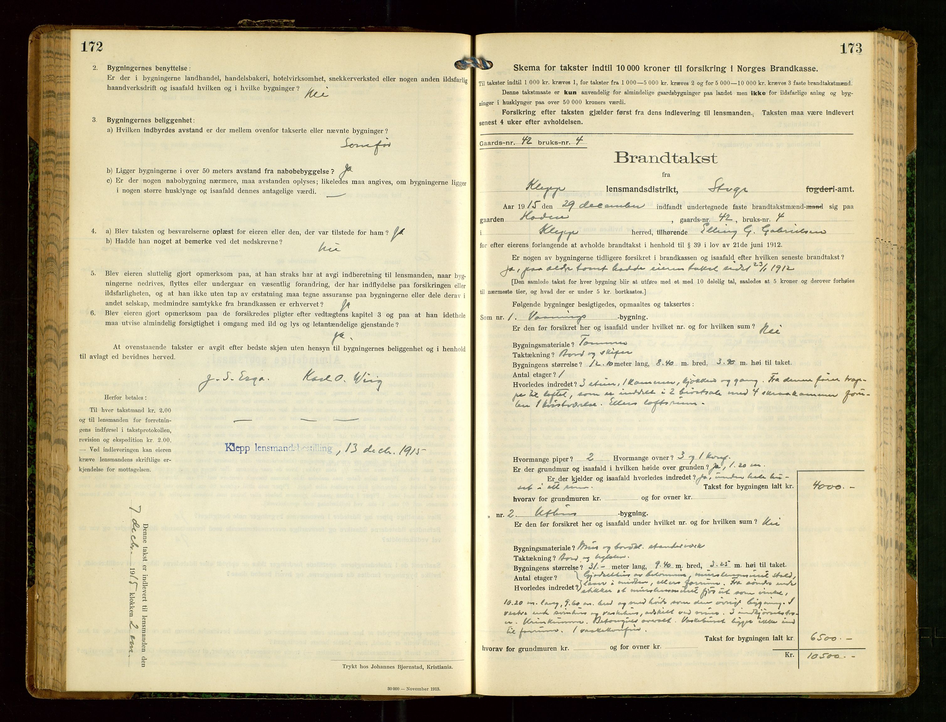 Klepp lensmannskontor, AV/SAST-A-100163/Goc/L0008: "Brandtakstprotokol" m/register, 1914-1917, p. 172-173