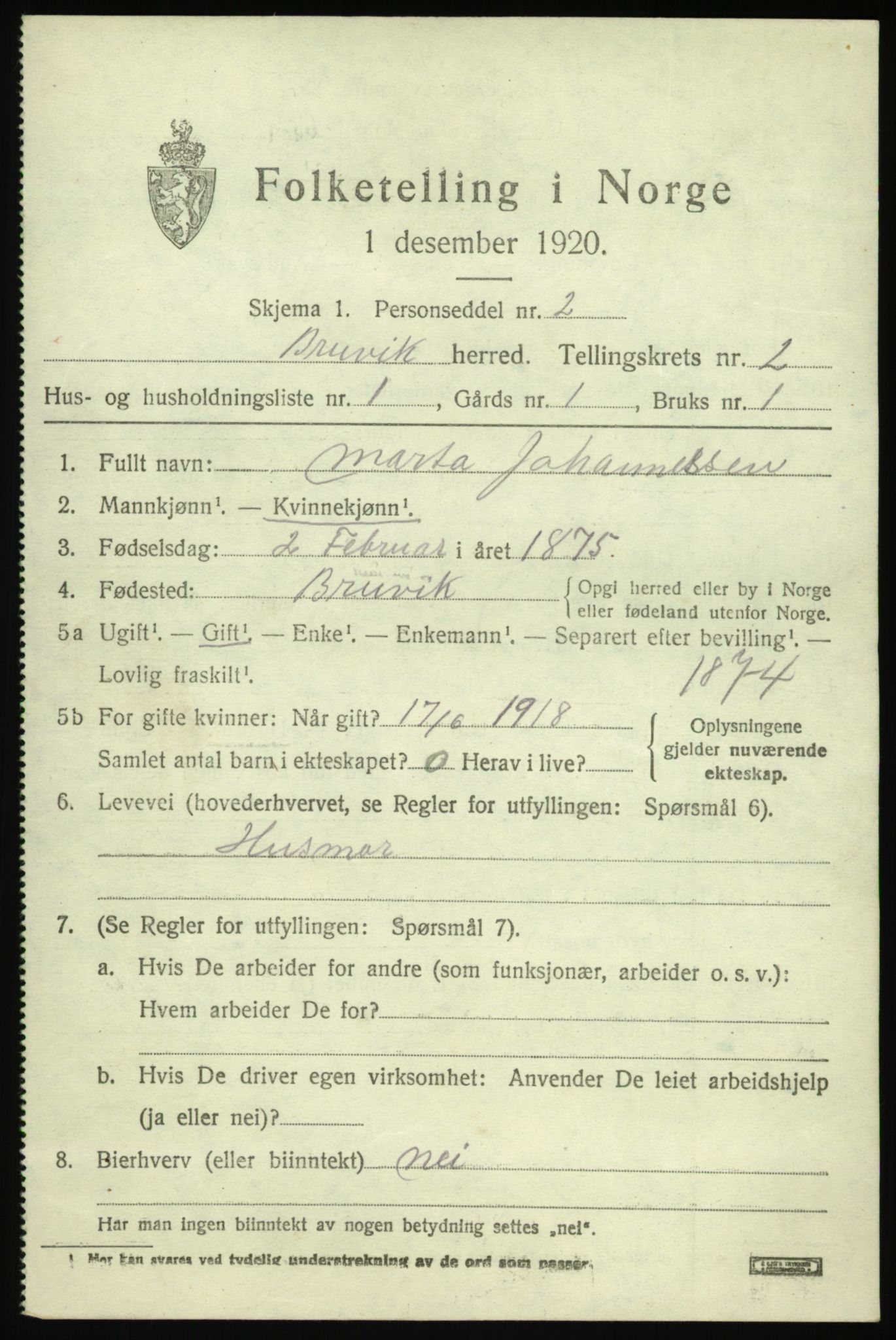 SAB, 1920 census for Bruvik, 1920, p. 1358