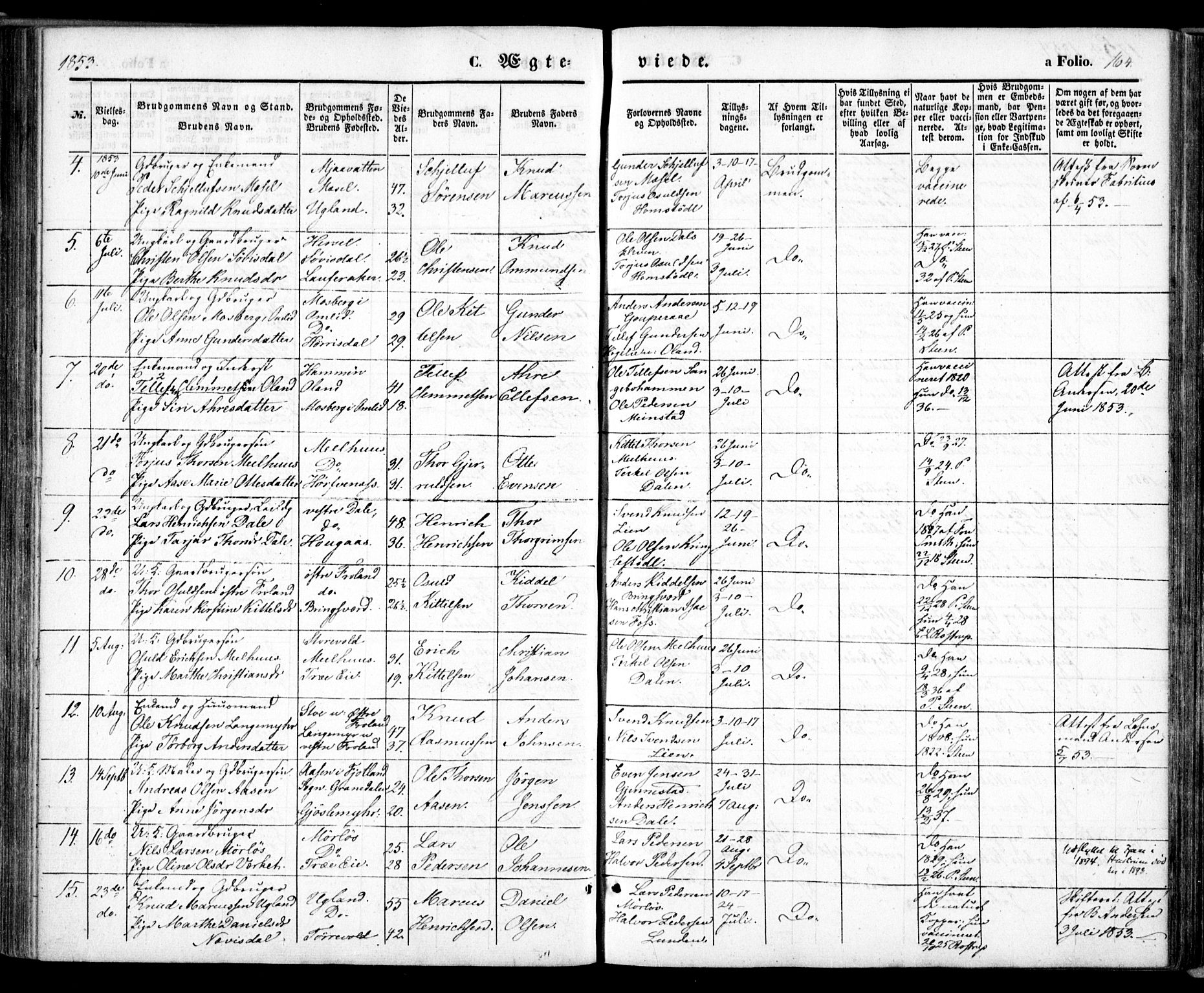 Froland sokneprestkontor, AV/SAK-1111-0013/F/Fa/L0002: Parish register (official) no. A 2, 1845-1863, p. 164