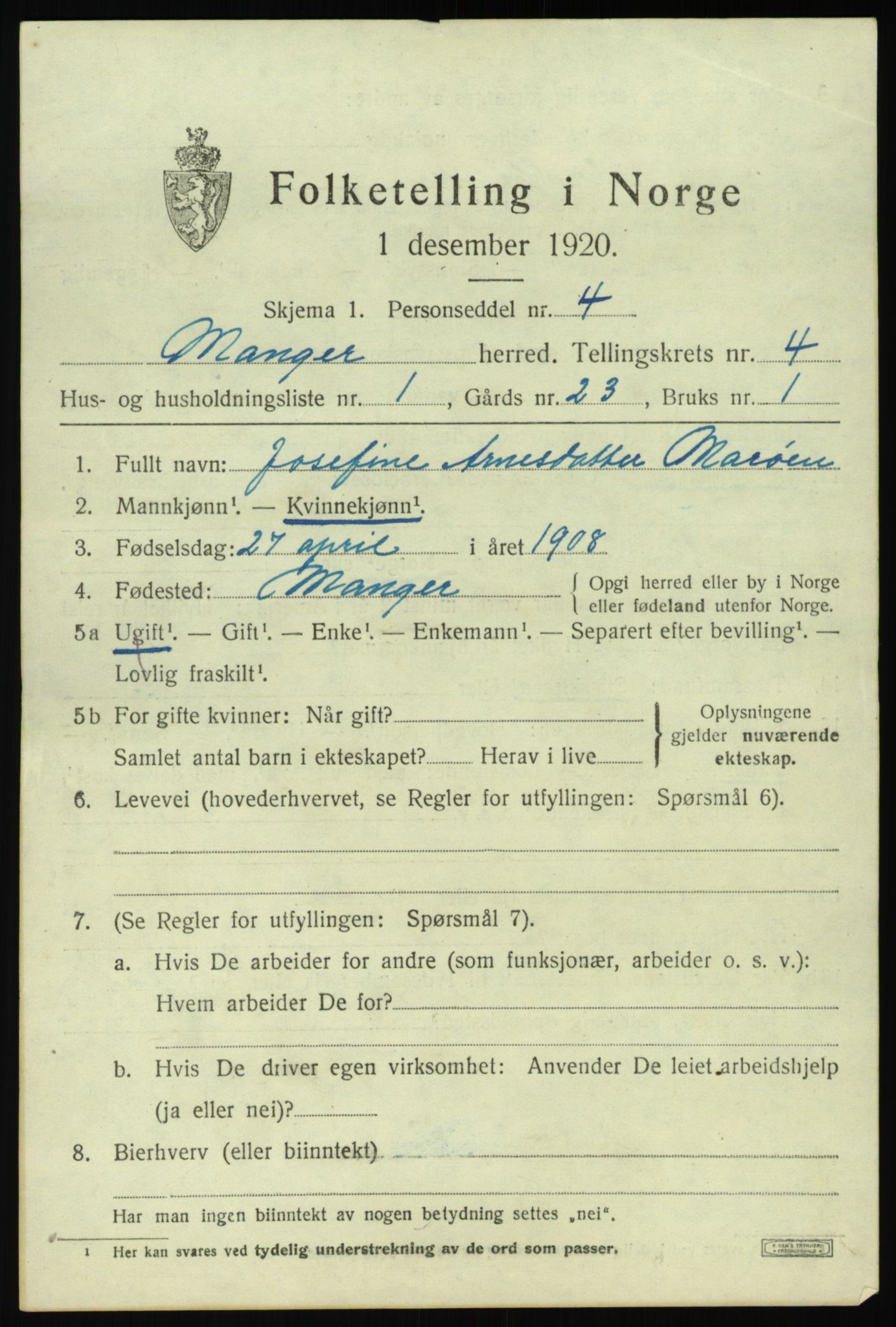 SAB, 1920 census for Manger, 1920, p. 3013