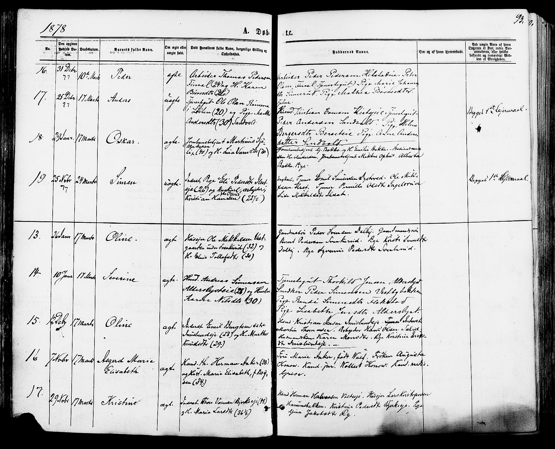 Vang prestekontor, Hedmark, SAH/PREST-008/H/Ha/Haa/L0015: Parish register (official) no. 15, 1871-1885, p. 93