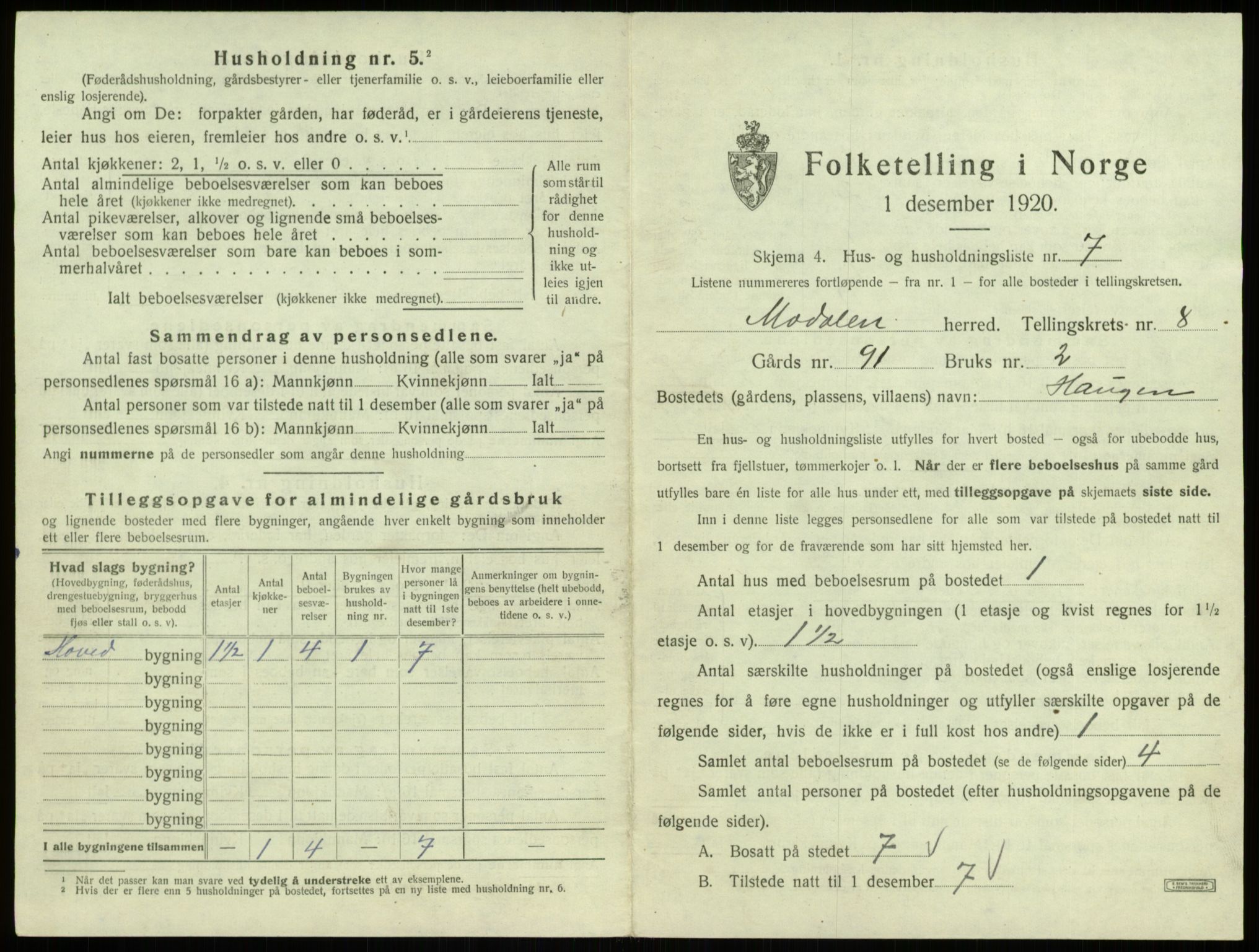 SAB, 1920 census for Modalen, 1920, p. 226