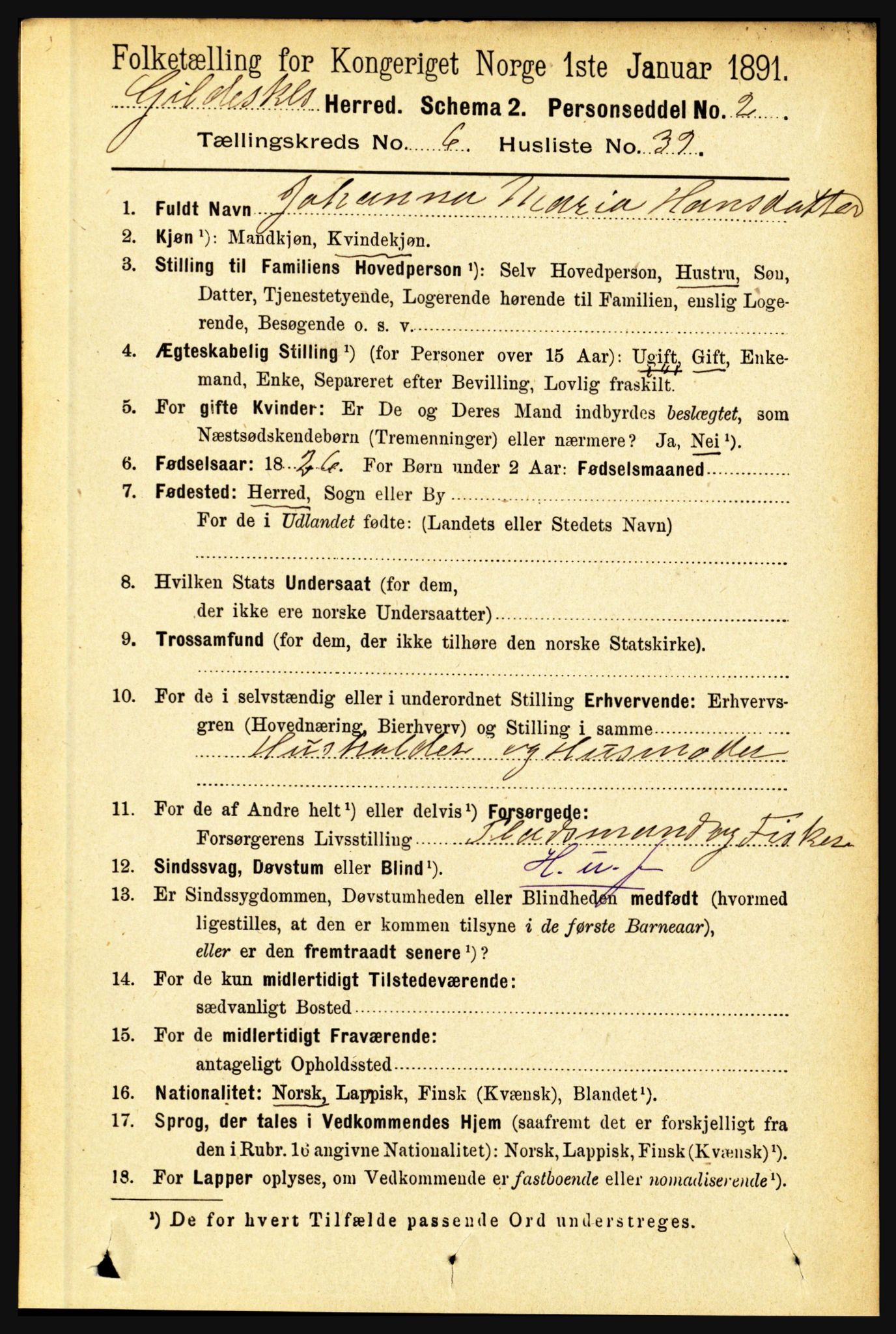 RA, 1891 census for 1838 Gildeskål, 1891, p. 2191