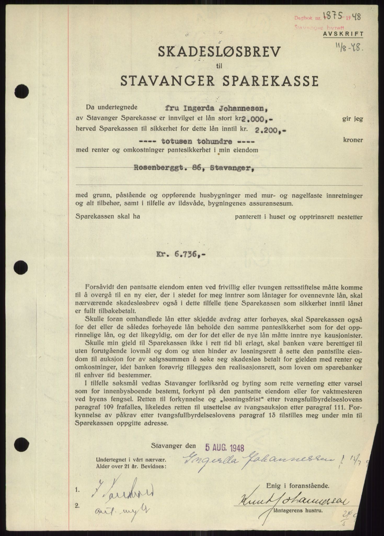 Stavanger byrett, SAST/A-100455/002/G/Gb/L0032: Mortgage book, 1947-1950, Diary no: : 1875/1948