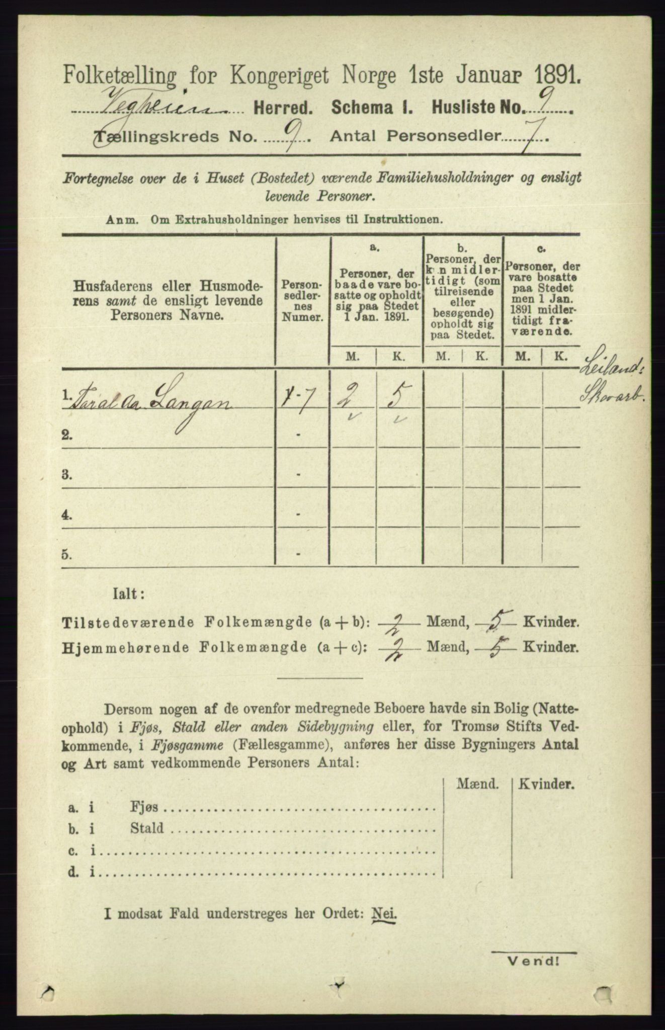 RA, 1891 census for 0912 Vegårshei, 1891, p. 1720