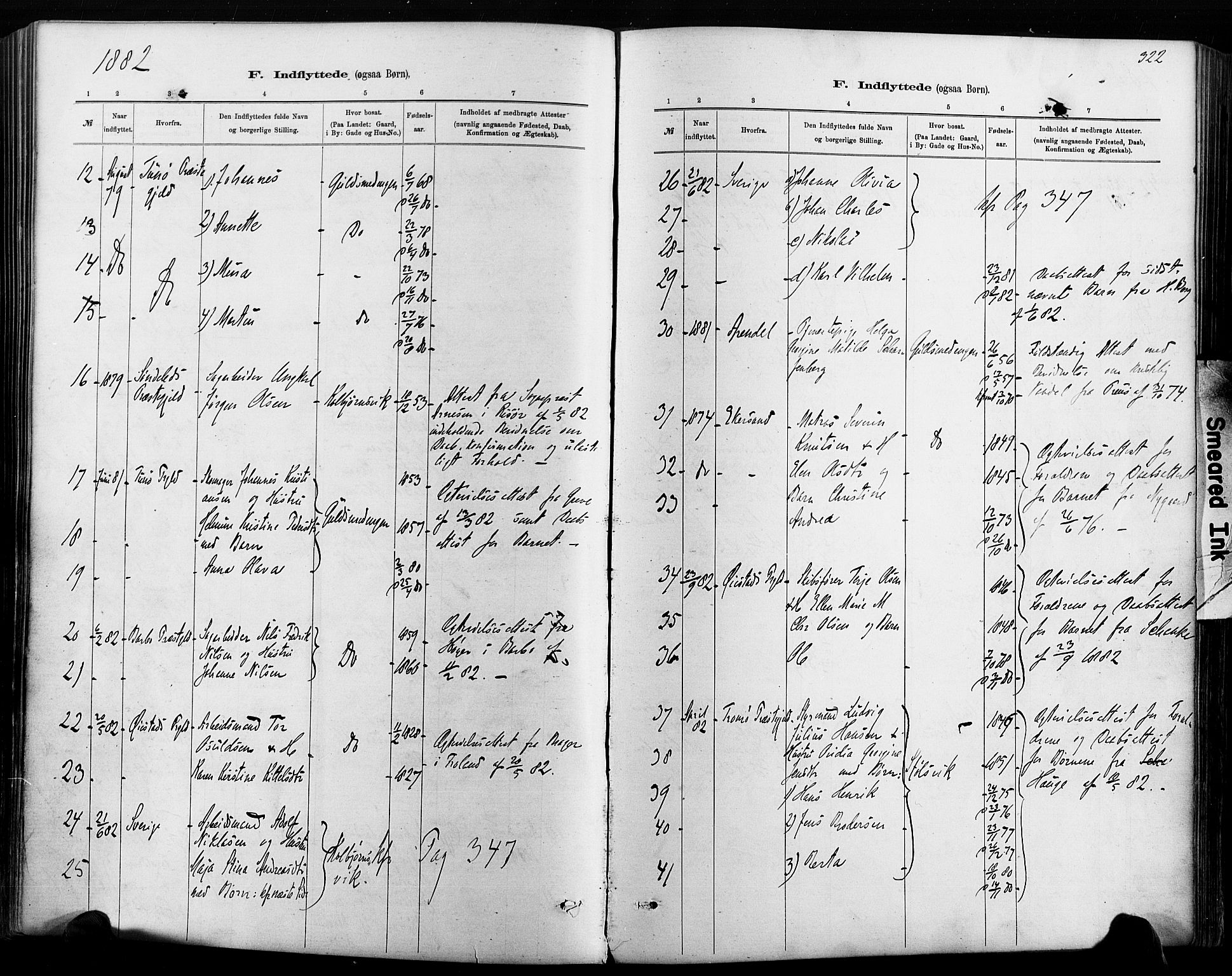 Hisøy sokneprestkontor, AV/SAK-1111-0020/F/Fa/L0003: Parish register (official) no. A 3, 1881-1894, p. 322