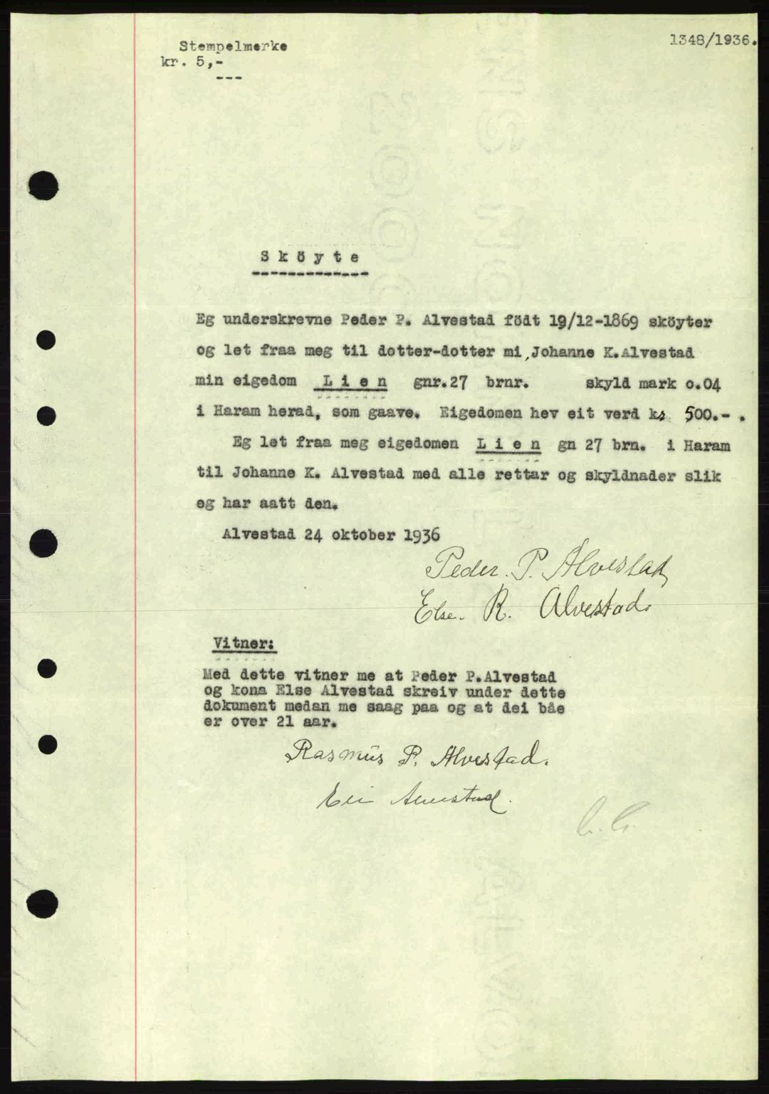 Nordre Sunnmøre sorenskriveri, AV/SAT-A-0006/1/2/2C/2Ca: Mortgage book no. A2, 1936-1937, Diary no: : 1348/1936