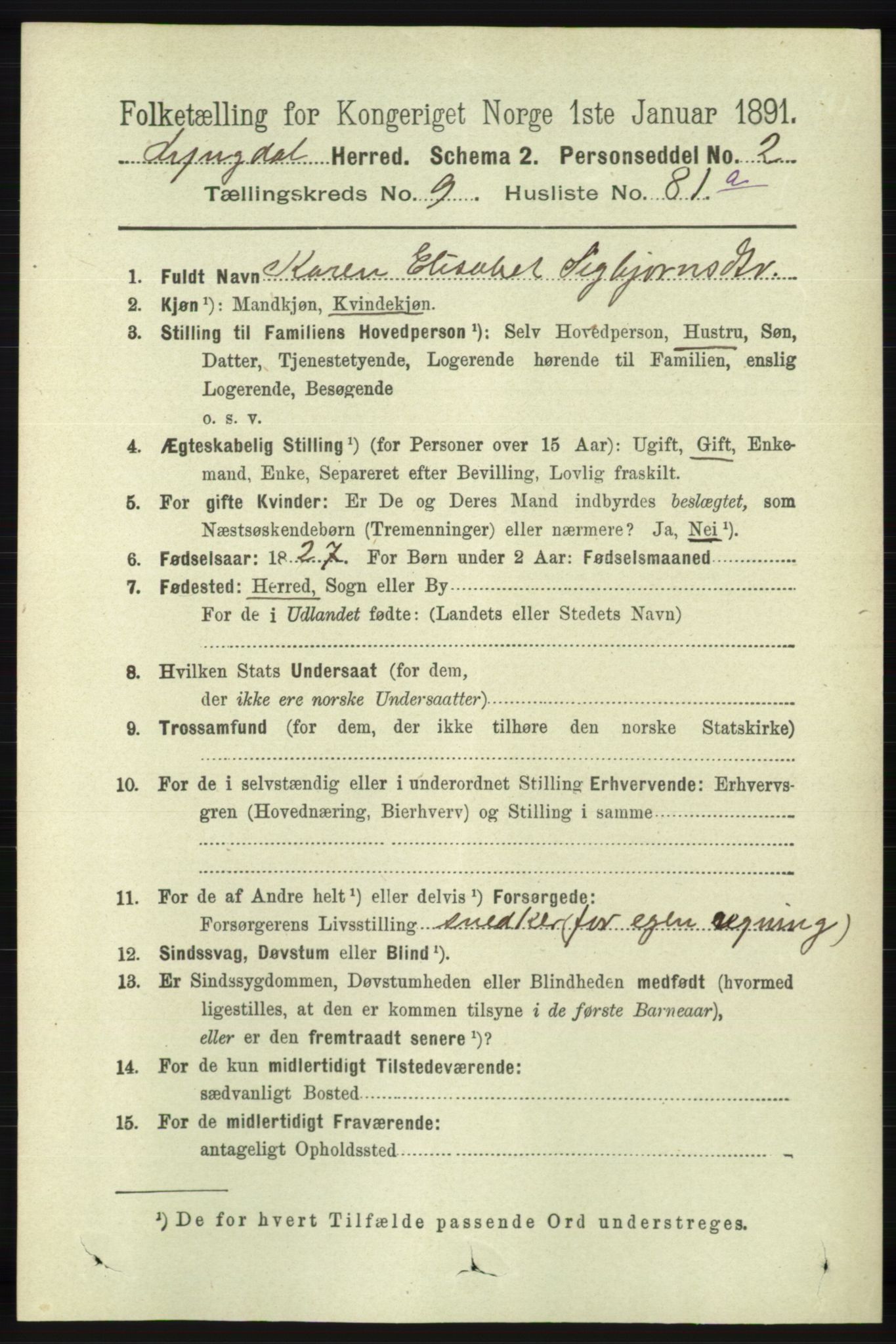 RA, 1891 census for 1032 Lyngdal, 1891, p. 4147