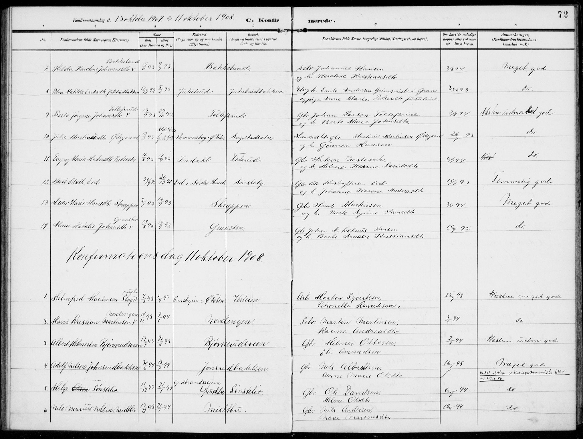 Kolbu prestekontor, SAH/PREST-110/H/Ha/Haa/L0001: Parish register (official) no. 1, 1907-1923, p. 72