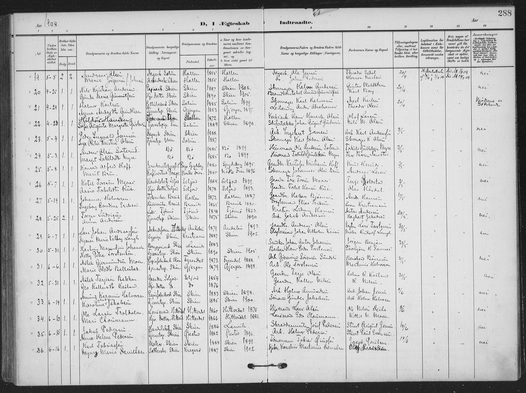 Skien kirkebøker, SAKO/A-302/F/Fa/L0012: Parish register (official) no. 12, 1908-1914, p. 288