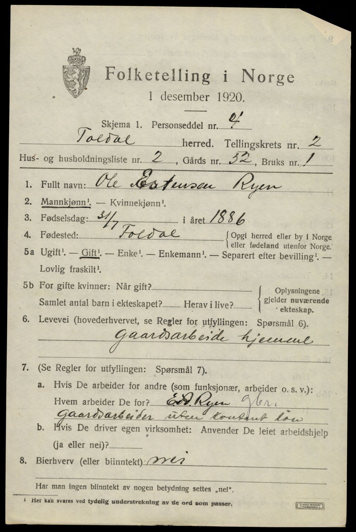 SAH, 1920 census for Folldal, 1920, p. 1051