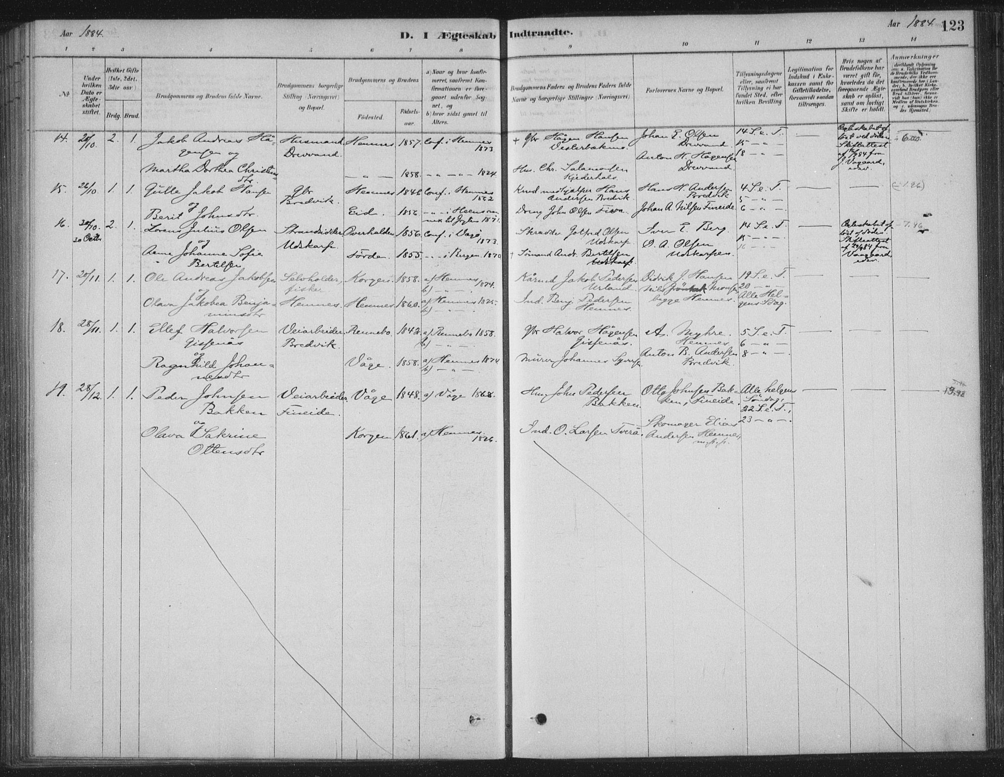 Ministerialprotokoller, klokkerbøker og fødselsregistre - Nordland, AV/SAT-A-1459/825/L0361: Parish register (official) no. 825A15, 1878-1893, p. 123