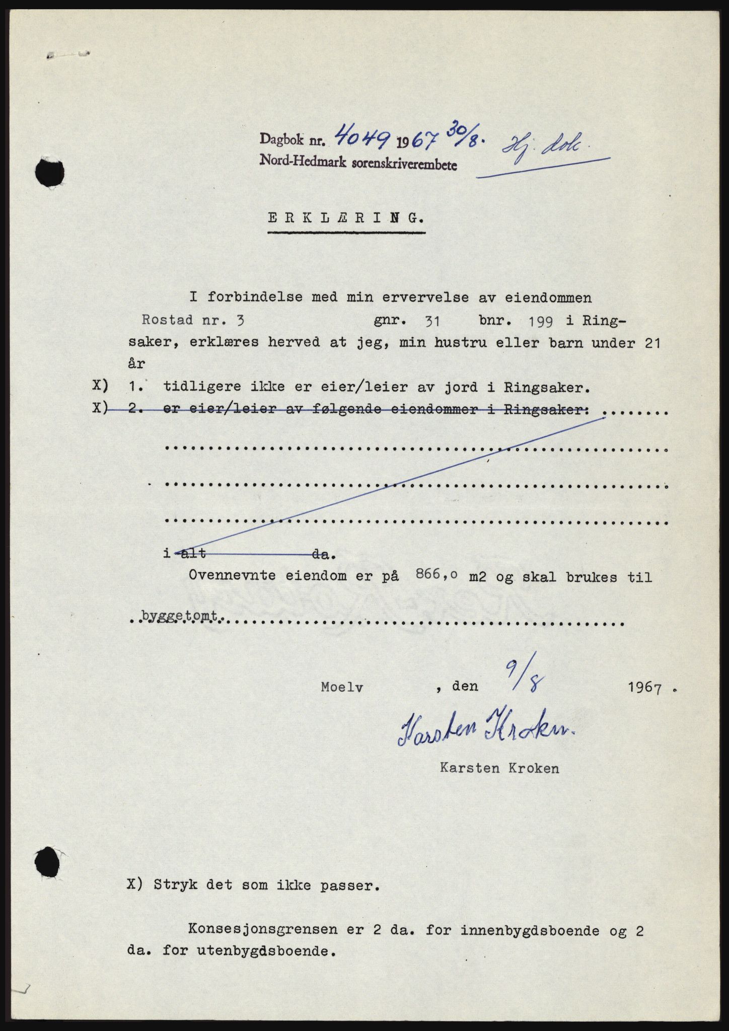 Nord-Hedmark sorenskriveri, SAH/TING-012/H/Hc/L0026: Mortgage book no. 26, 1967-1967, Diary no: : 4049/1967