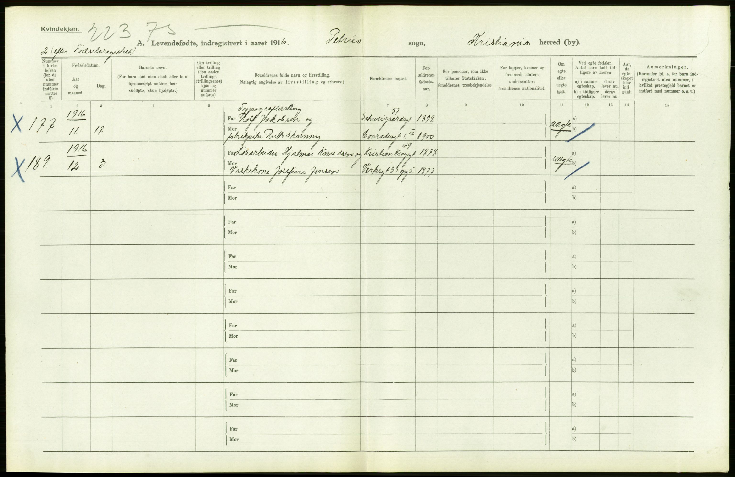 Statistisk sentralbyrå, Sosiodemografiske emner, Befolkning, AV/RA-S-2228/D/Df/Dfb/Dfbf/L0006: Kristiania: Levendefødte menn og kvinner., 1916, p. 638