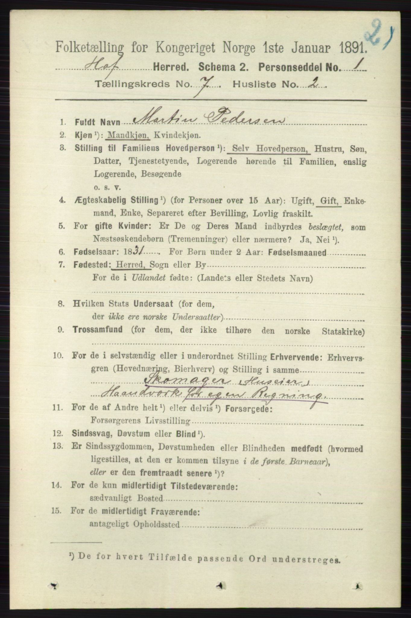 RA, 1891 census for 0714 Hof, 1891, p. 2431