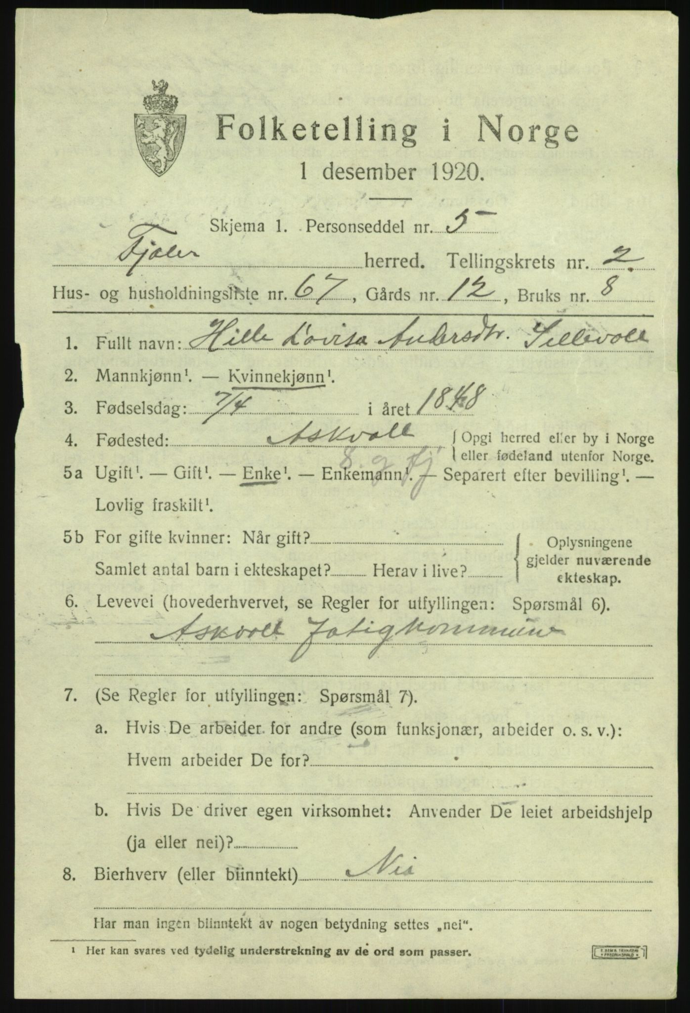 SAB, 1920 census for Fjaler, 1920, p. 2663