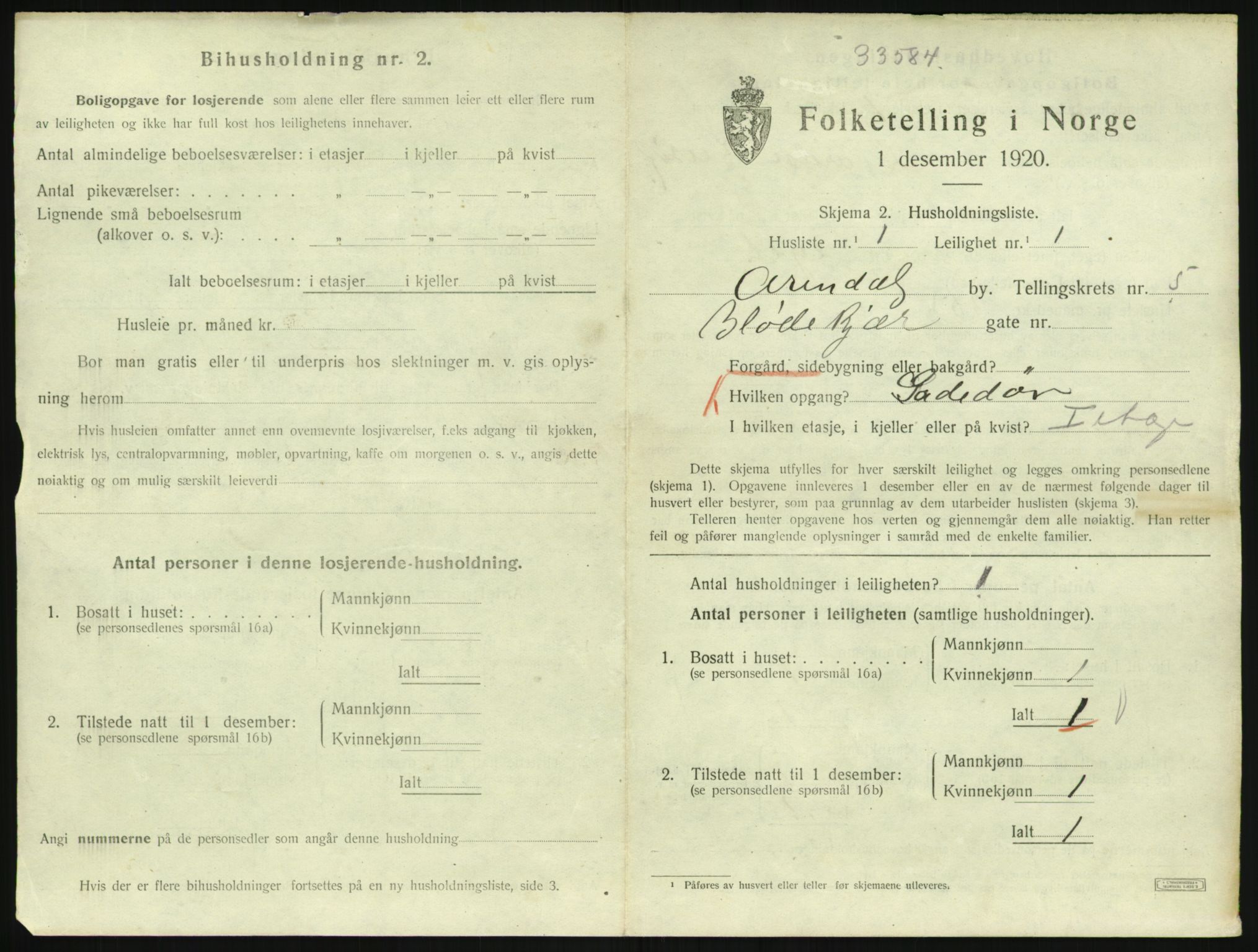 SAK, 1920 census for Arendal, 1920, p. 4842