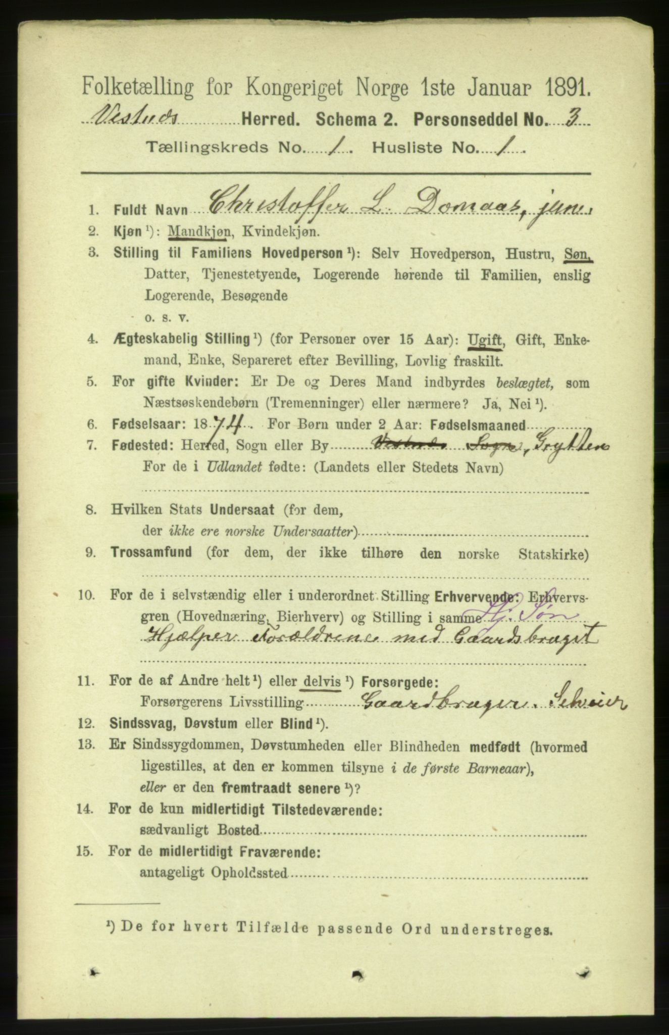 RA, 1891 census for 1535 Vestnes, 1891, p. 84