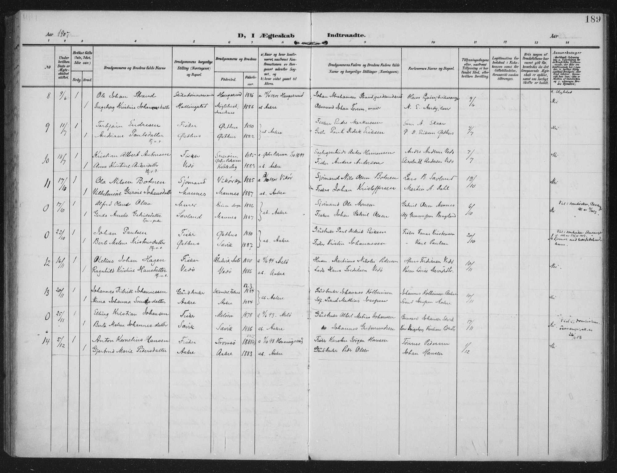 Kopervik sokneprestkontor, SAST/A-101850/H/Ha/Haa/L0005: Parish register (official) no. A 5, 1906-1924, p. 189