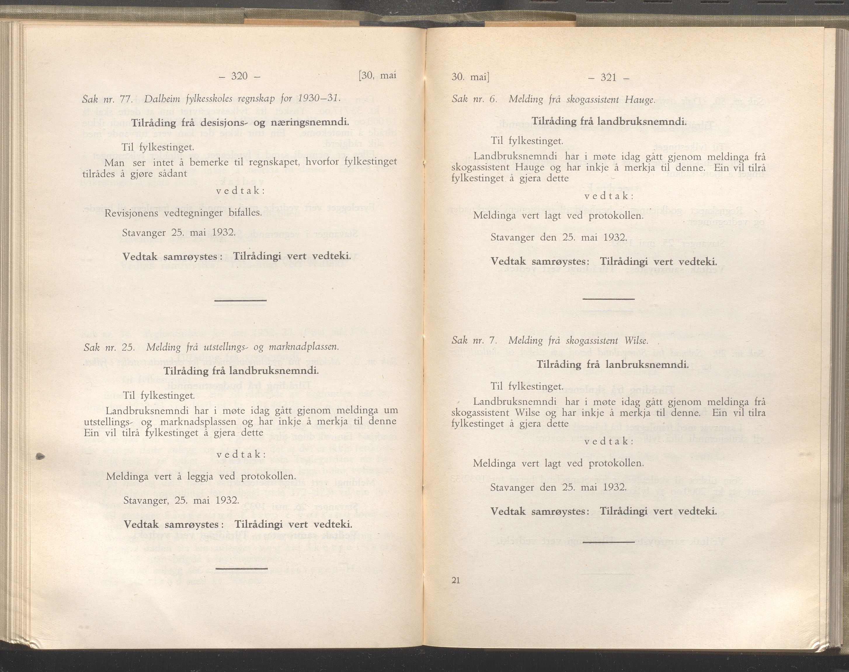 Rogaland fylkeskommune - Fylkesrådmannen , IKAR/A-900/A/Aa/Aaa/L0051: Møtebok , 1932, p. 320-321