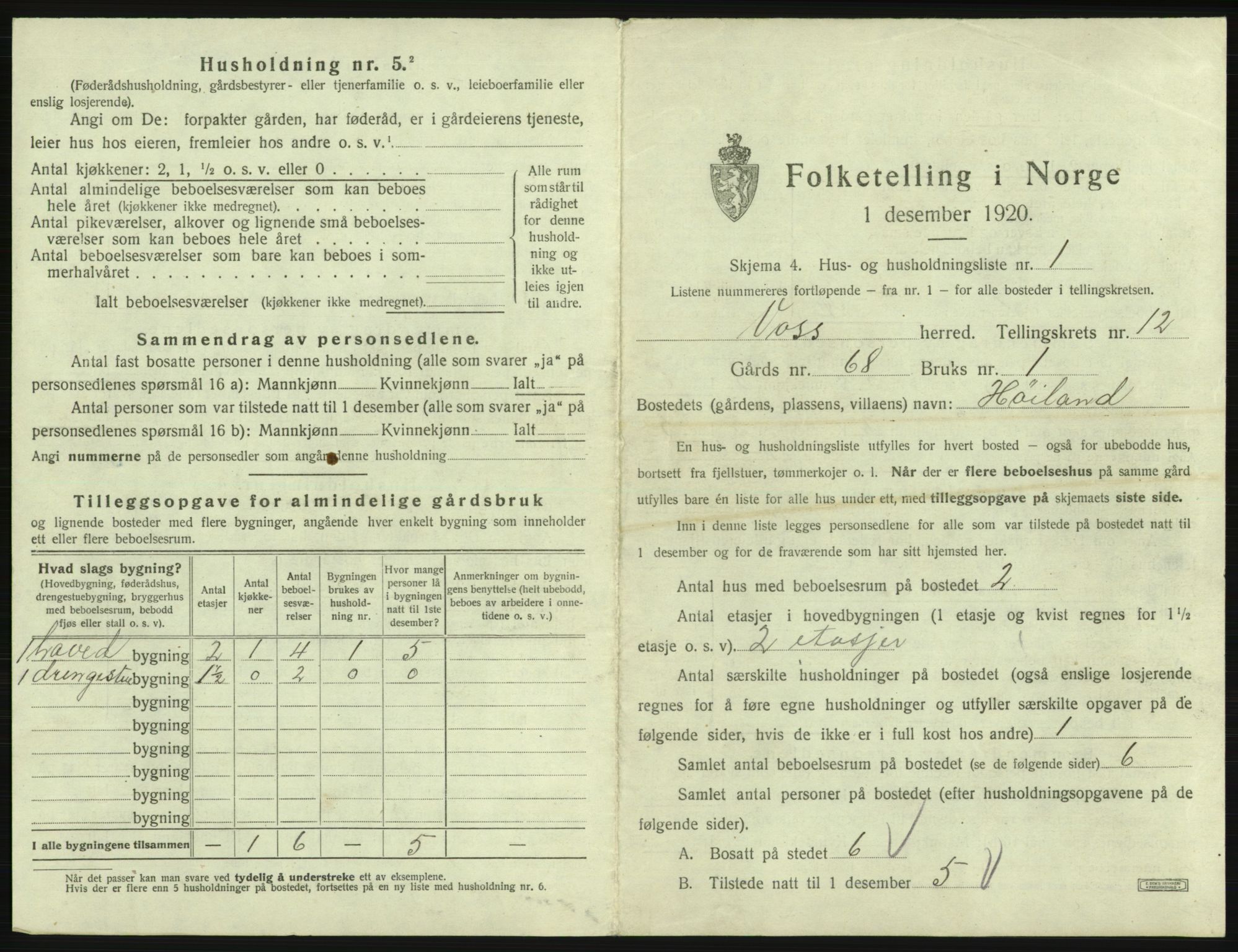 SAB, 1920 census for Voss, 1920, p. 1165