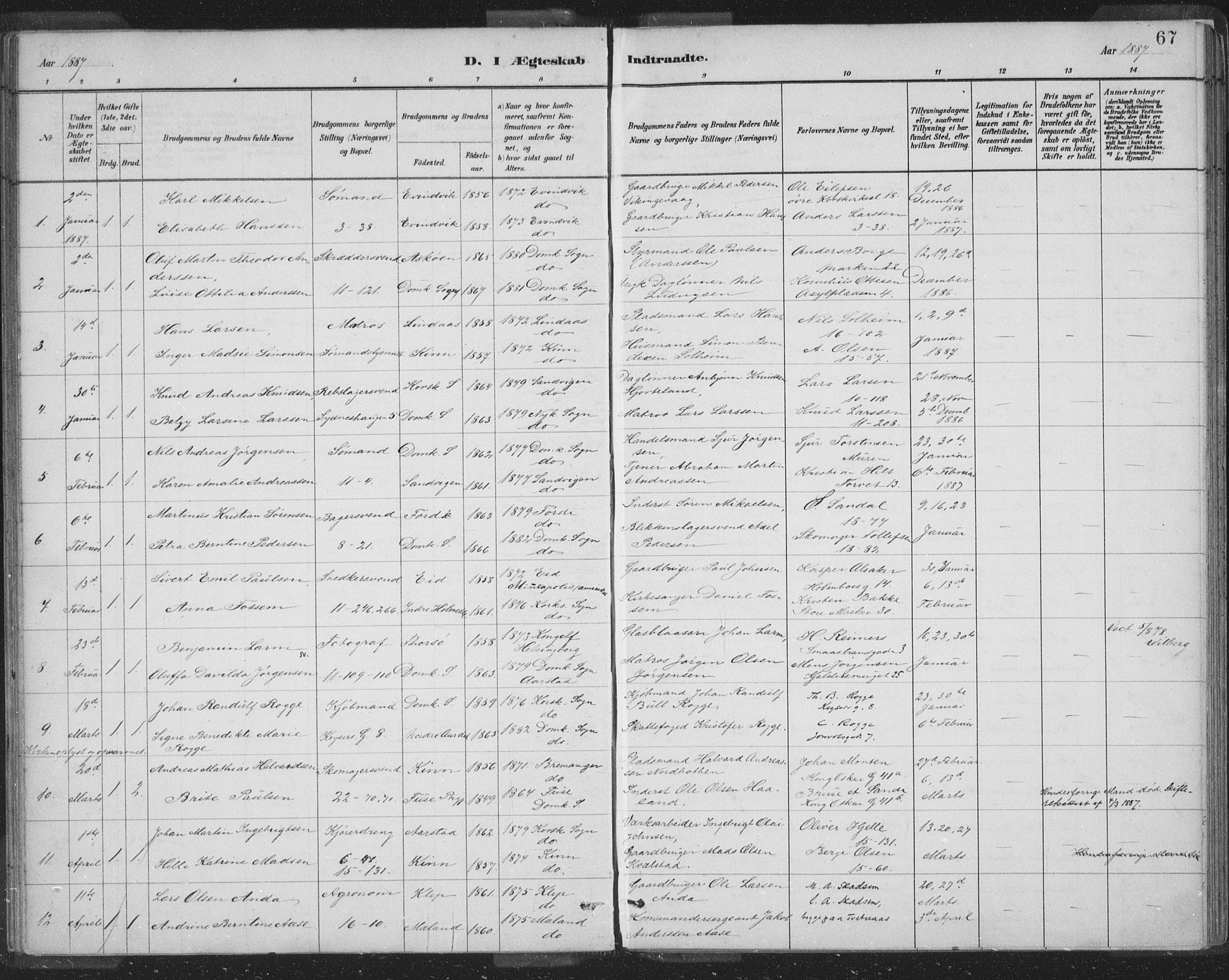 Domkirken sokneprestembete, SAB/A-74801/H/Hab/L0032: Parish register (copy) no. D 4, 1880-1907, p. 67