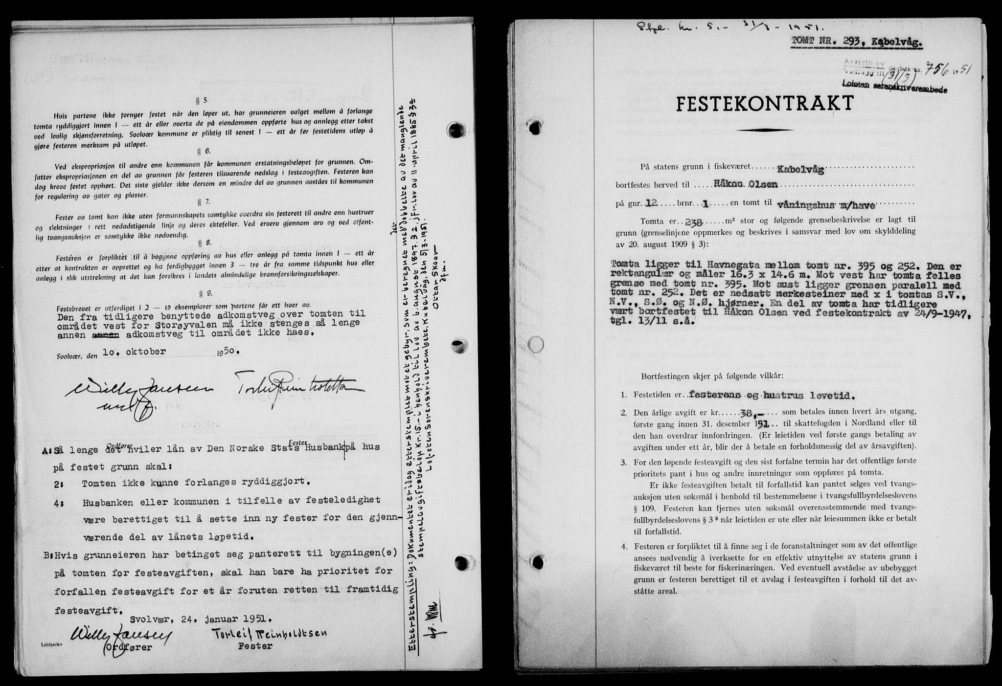 Lofoten sorenskriveri, SAT/A-0017/1/2/2C/L0025a: Mortgage book no. 25a, 1950-1951, Diary no: : 756/1951
