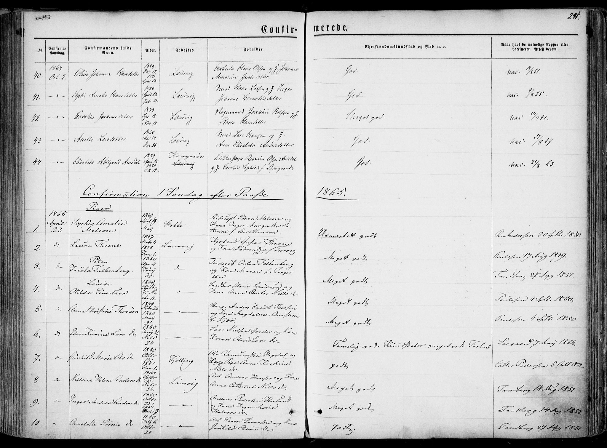 Larvik kirkebøker, SAKO/A-352/F/Fa/L0004: Parish register (official) no. I 4, 1856-1870, p. 291