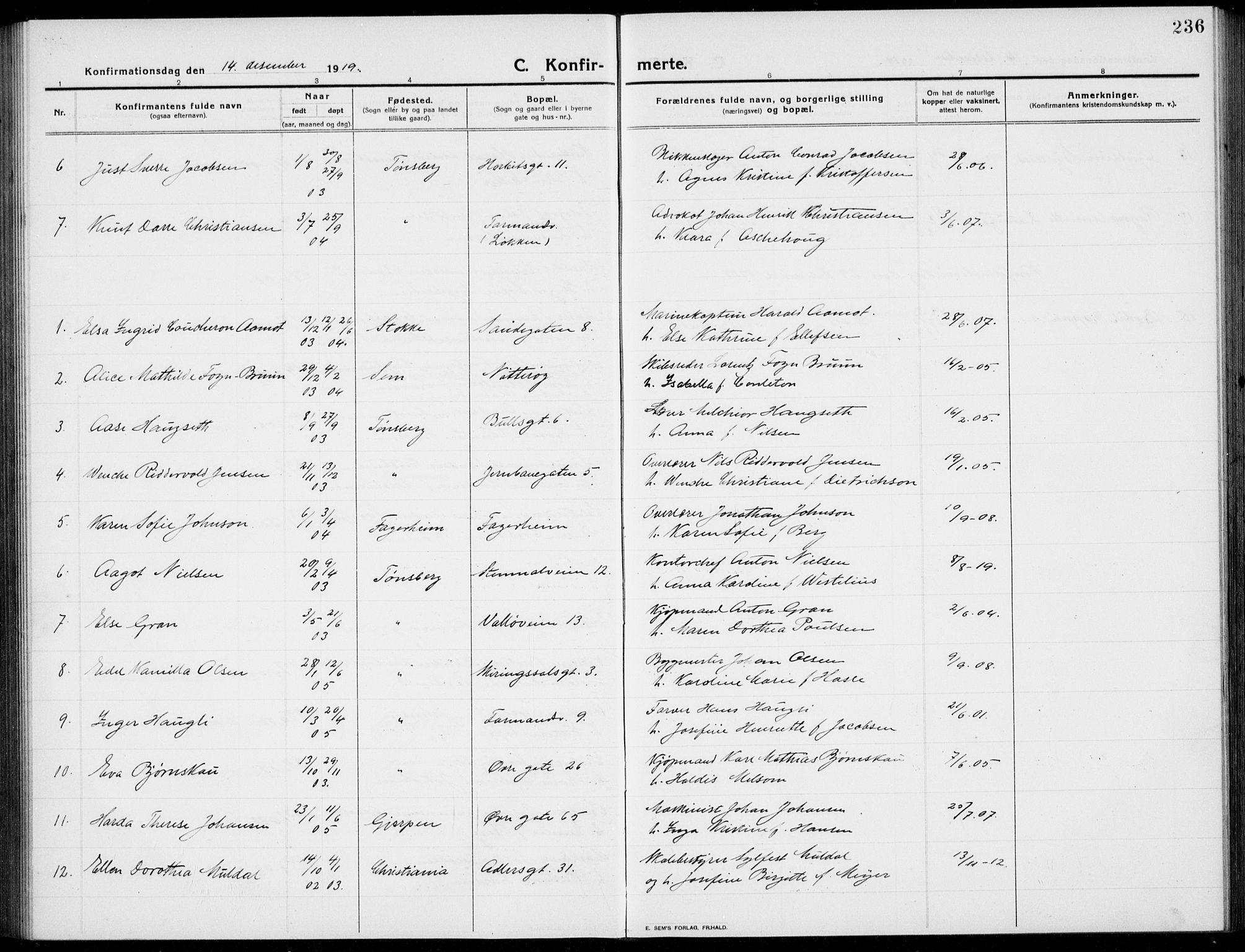 Tønsberg kirkebøker, AV/SAKO-A-330/G/Ga/L0009: Parish register (copy) no. 9, 1913-1920, p. 236