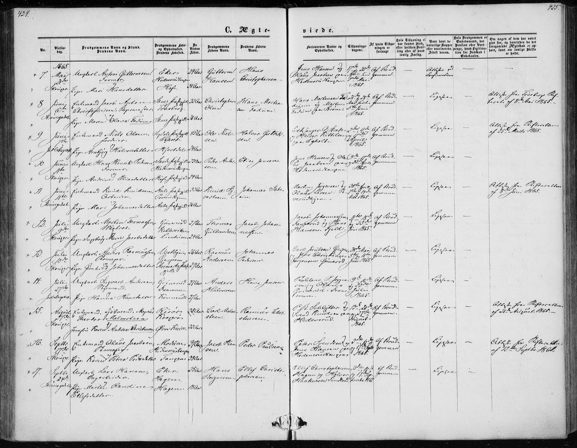 Skoger kirkebøker, AV/SAKO-A-59/F/Fa/L0004: Parish register (official) no. I 4, 1862-1872, p. 424-425