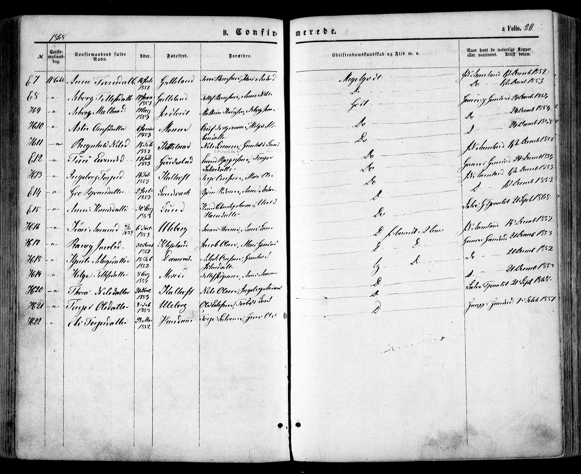 Evje sokneprestkontor, SAK/1111-0008/F/Fa/Faa/L0006: Parish register (official) no. A 6, 1866-1884, p. 211