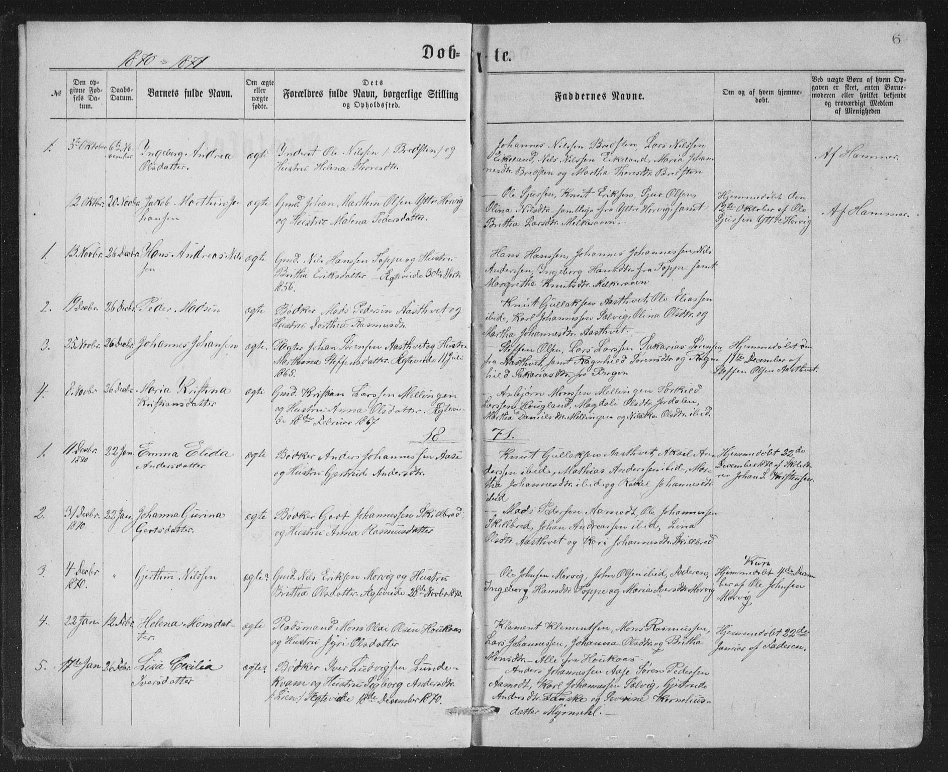 Åsane sokneprestembete, SAB/A-79401/H/Hab: Parish register (copy) no. A 1, 1870-1884, p. 6