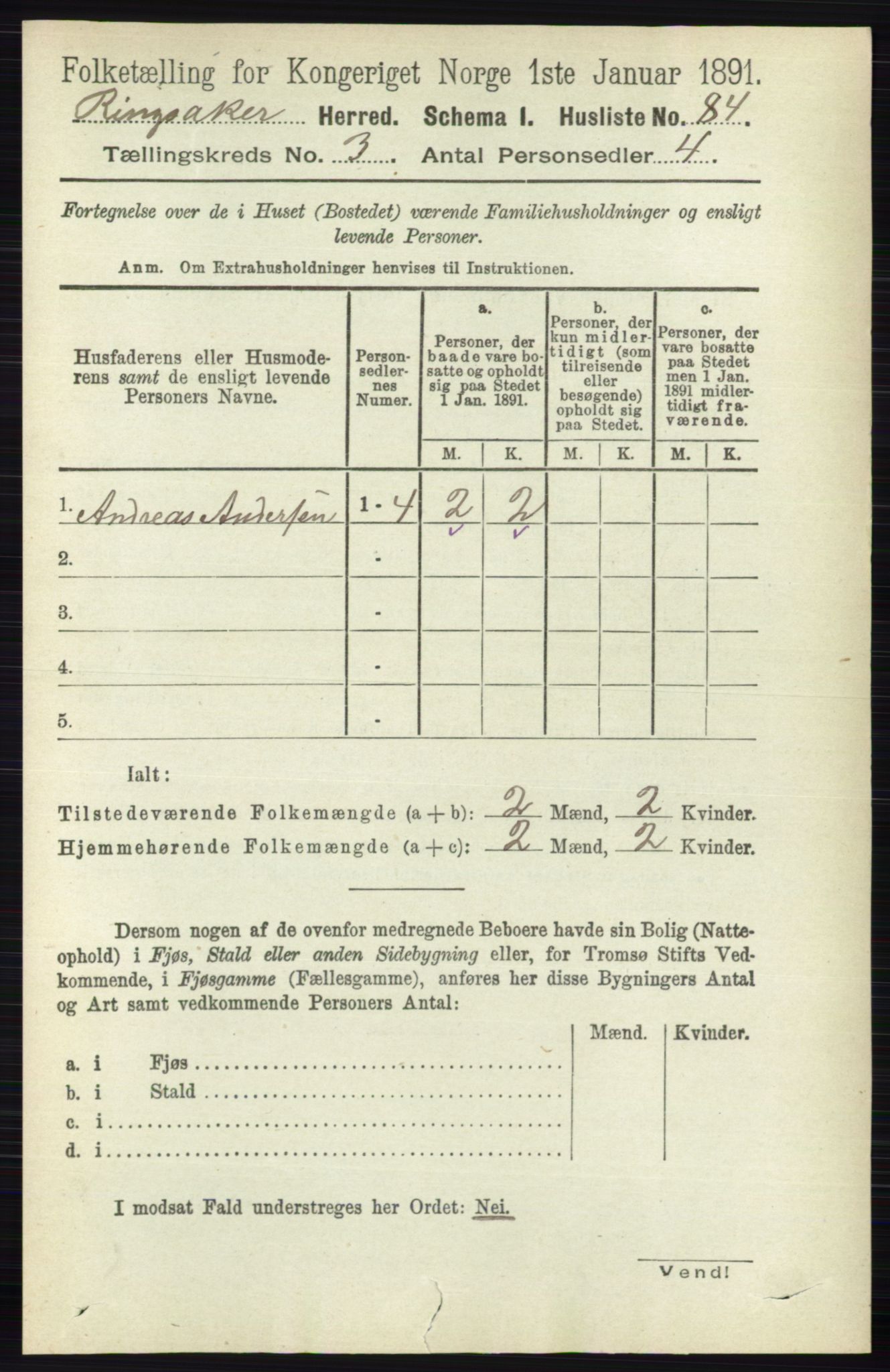 RA, 1891 census for 0412 Ringsaker, 1891, p. 1245