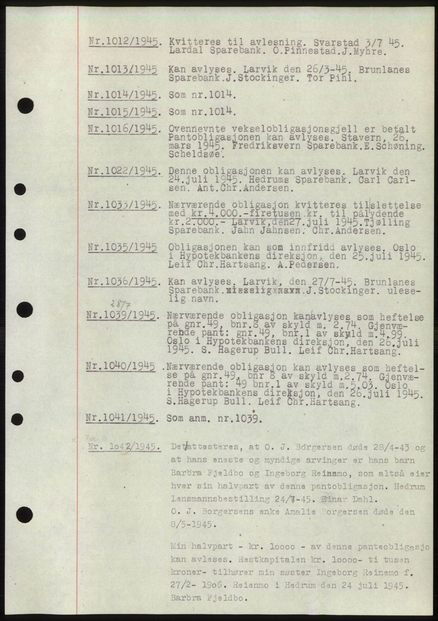 Larvik sorenskriveri, AV/SAKO-A-83/G/Ga/Gac/L0009b: Mortgage book no. B-9b, 1946-1946, Diary no: : 1012/1945