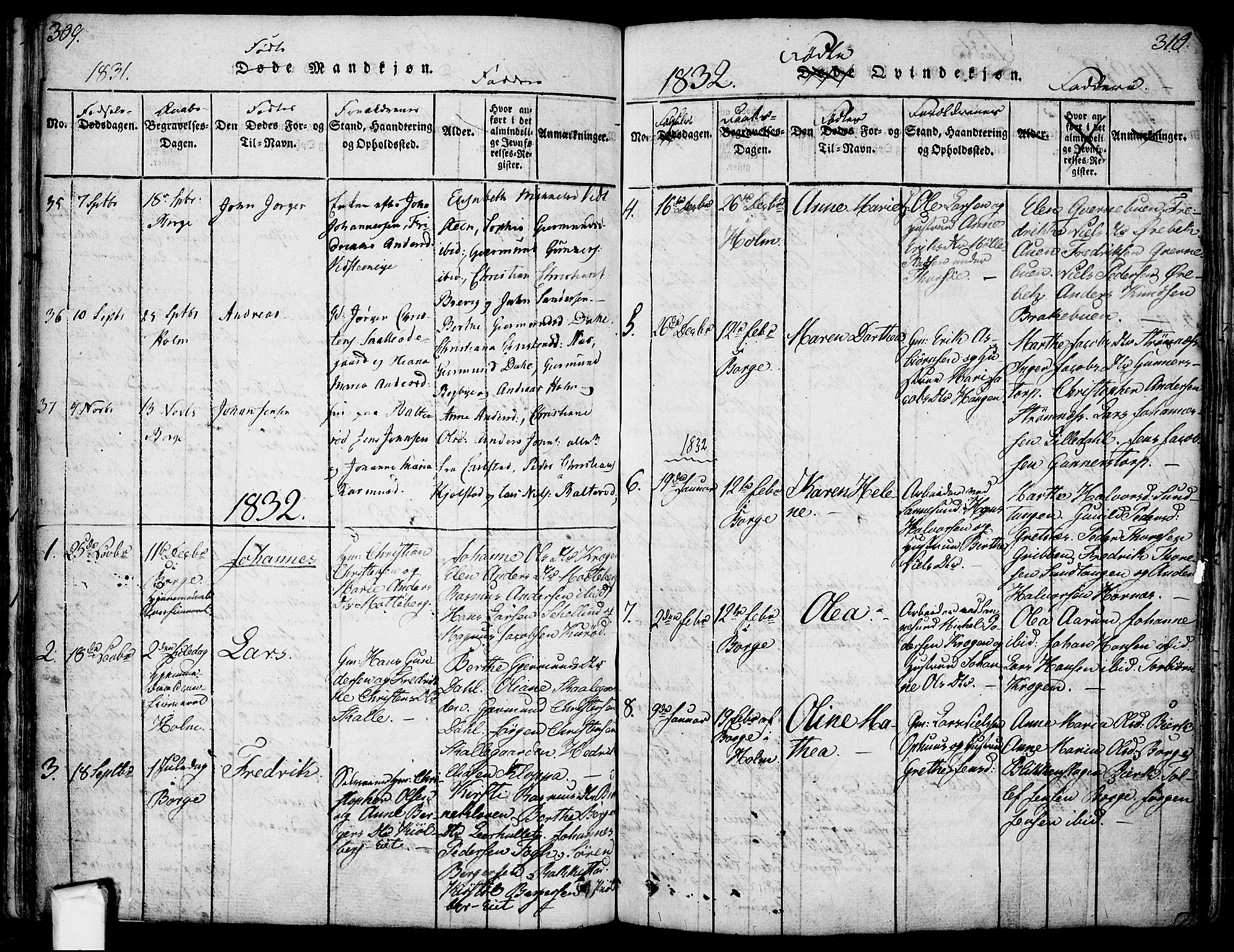 Borge prestekontor Kirkebøker, AV/SAO-A-10903/F/Fa/L0003: Parish register (official) no. I 3, 1815-1836, p. 309-310