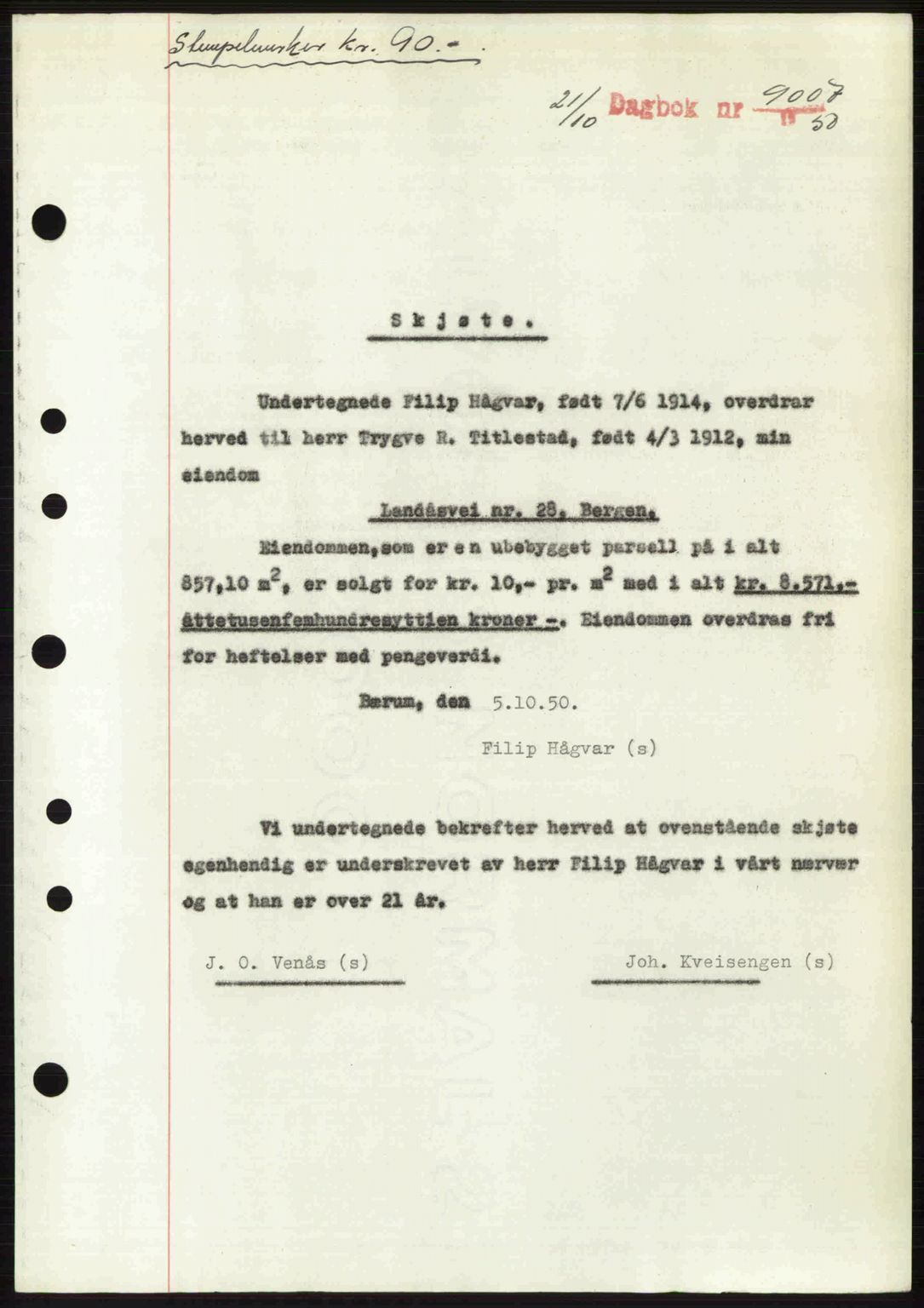 Byfogd og Byskriver i Bergen, AV/SAB-A-3401/03/03Bc/L0034: Mortgage book no. A27-28, 1950-1950, Diary no: : 9007/1950