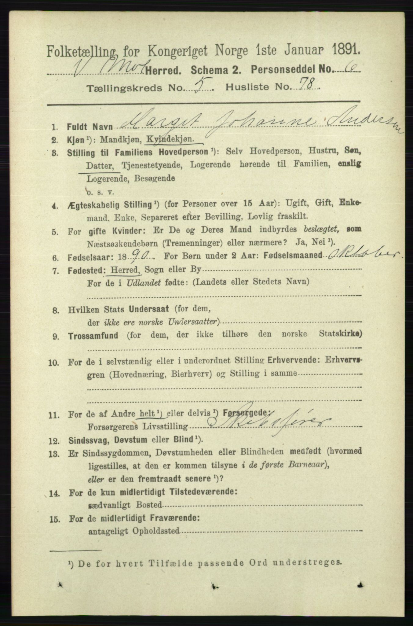 RA, 1891 census for 0926 Vestre Moland, 1891, p. 2261