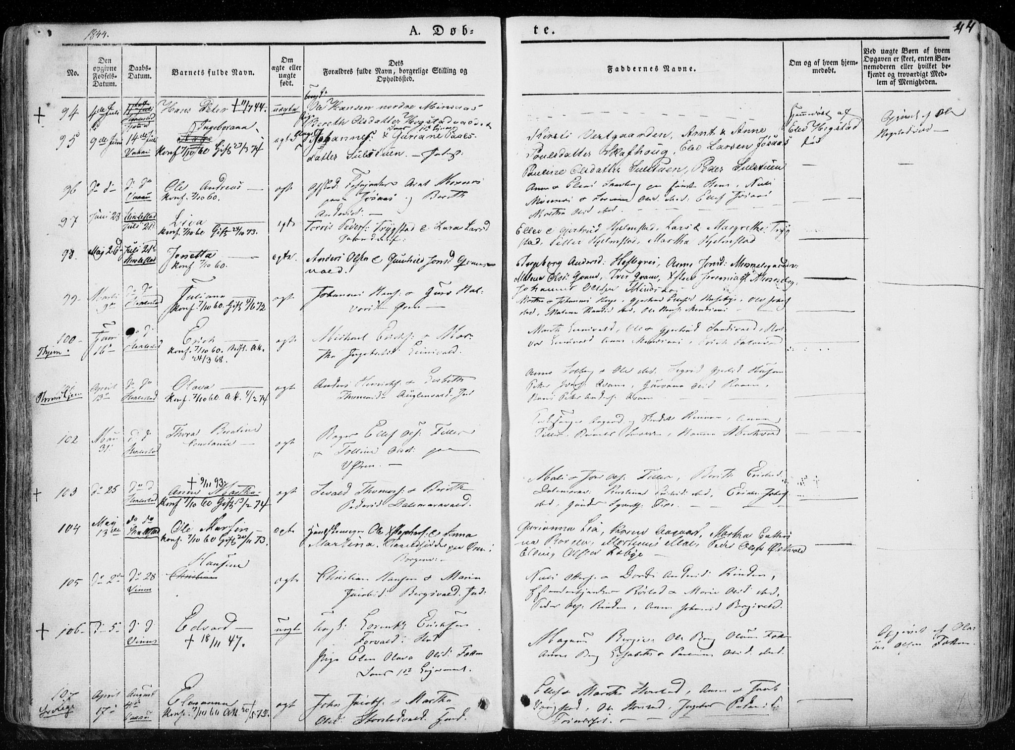 Ministerialprotokoller, klokkerbøker og fødselsregistre - Nord-Trøndelag, SAT/A-1458/723/L0239: Parish register (official) no. 723A08, 1841-1851, p. 44