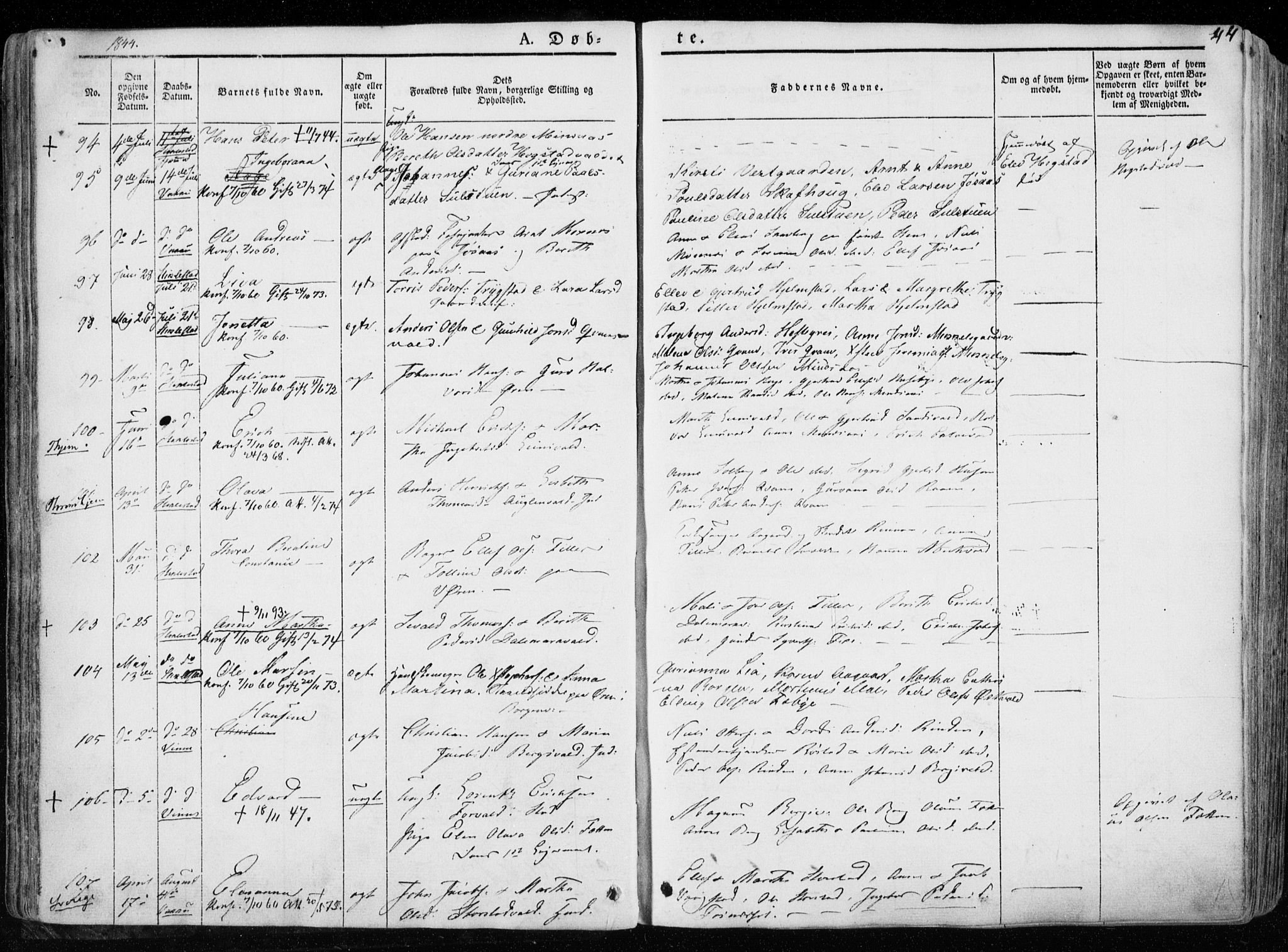 Ministerialprotokoller, klokkerbøker og fødselsregistre - Nord-Trøndelag, AV/SAT-A-1458/723/L0239: Parish register (official) no. 723A08, 1841-1851, p. 44