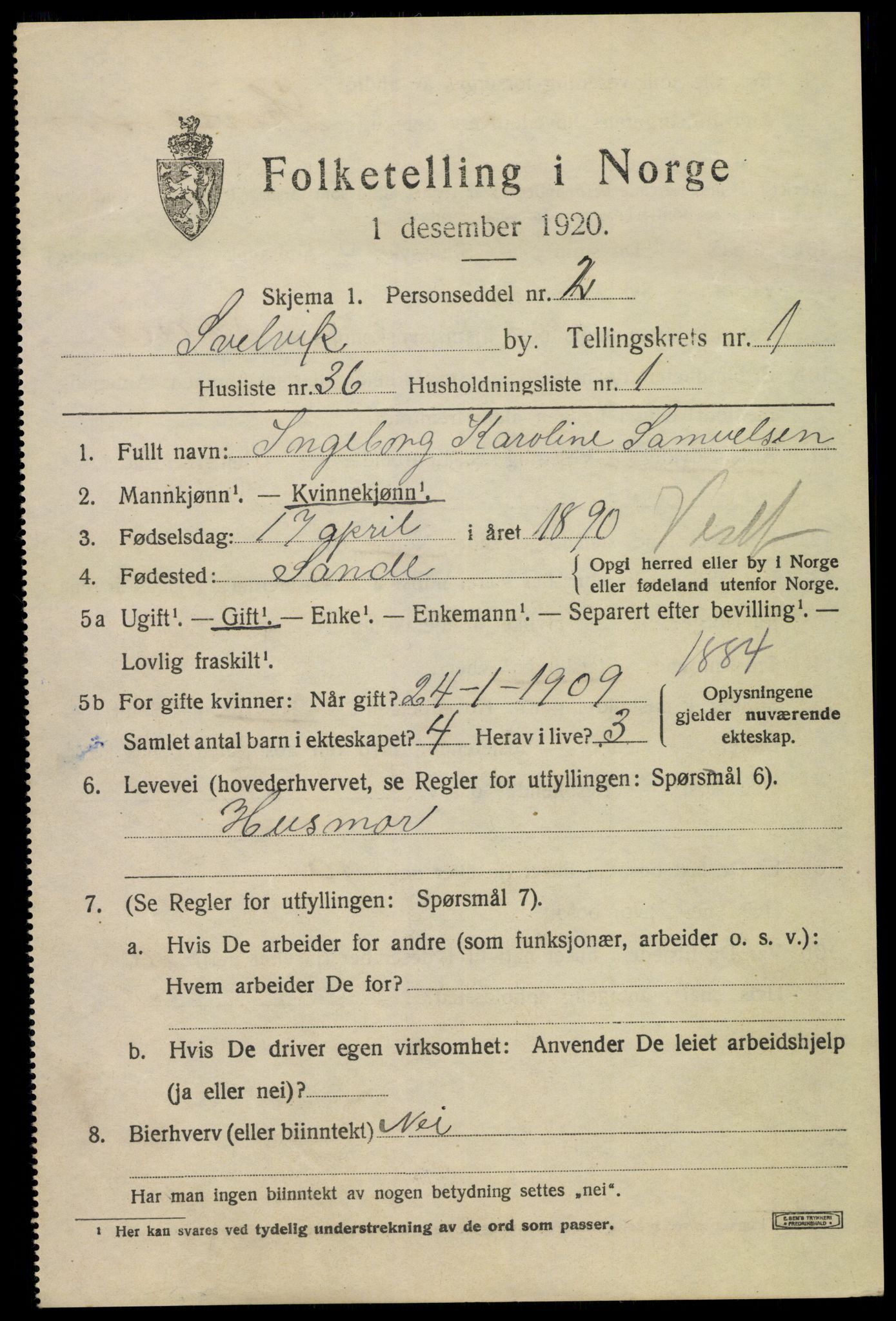 SAKO, 1920 census for Svelvik, 1920, p. 1695